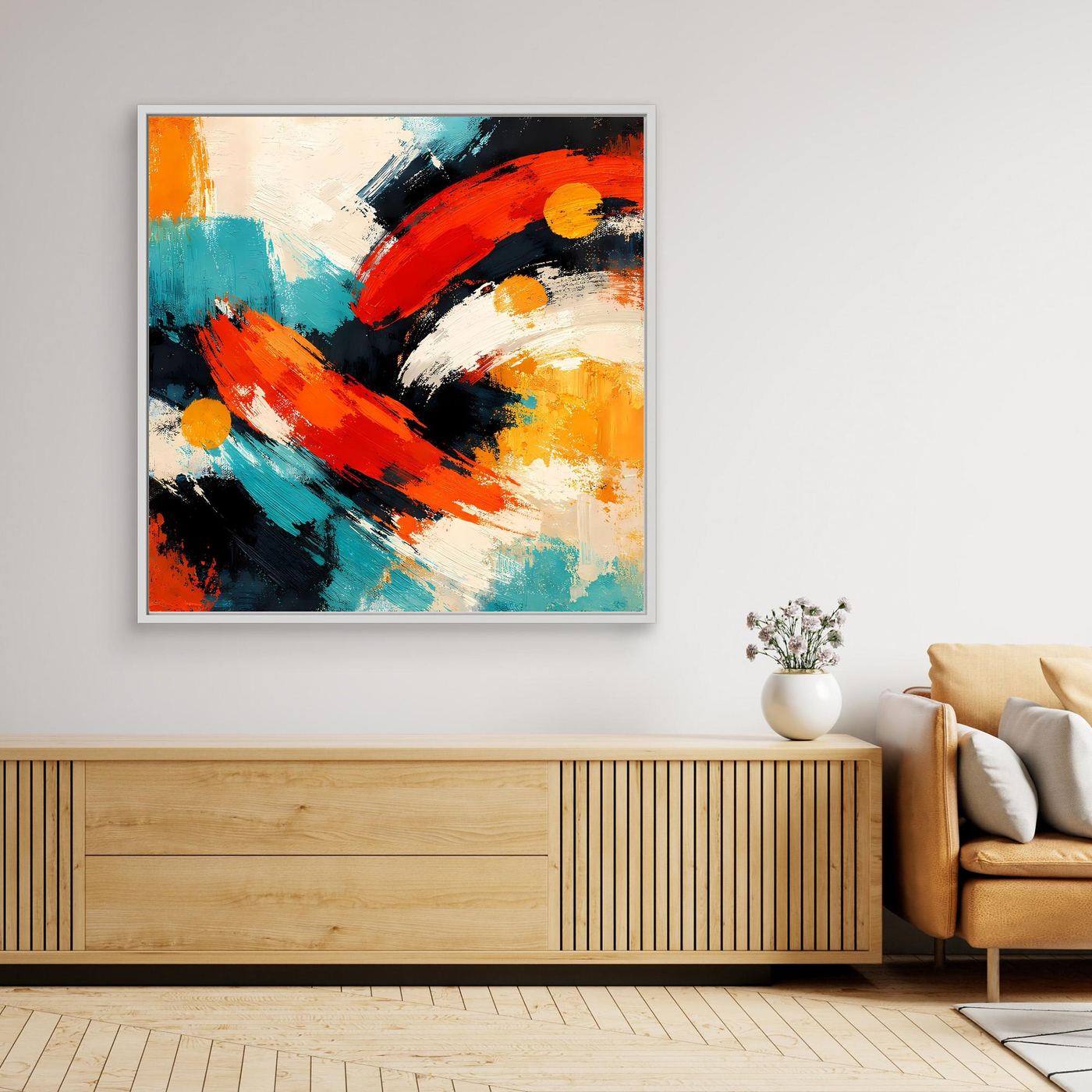 Abstraktes Leinwand-Wandbild mit farbigen Pinselstrichen, silberner Rahmen