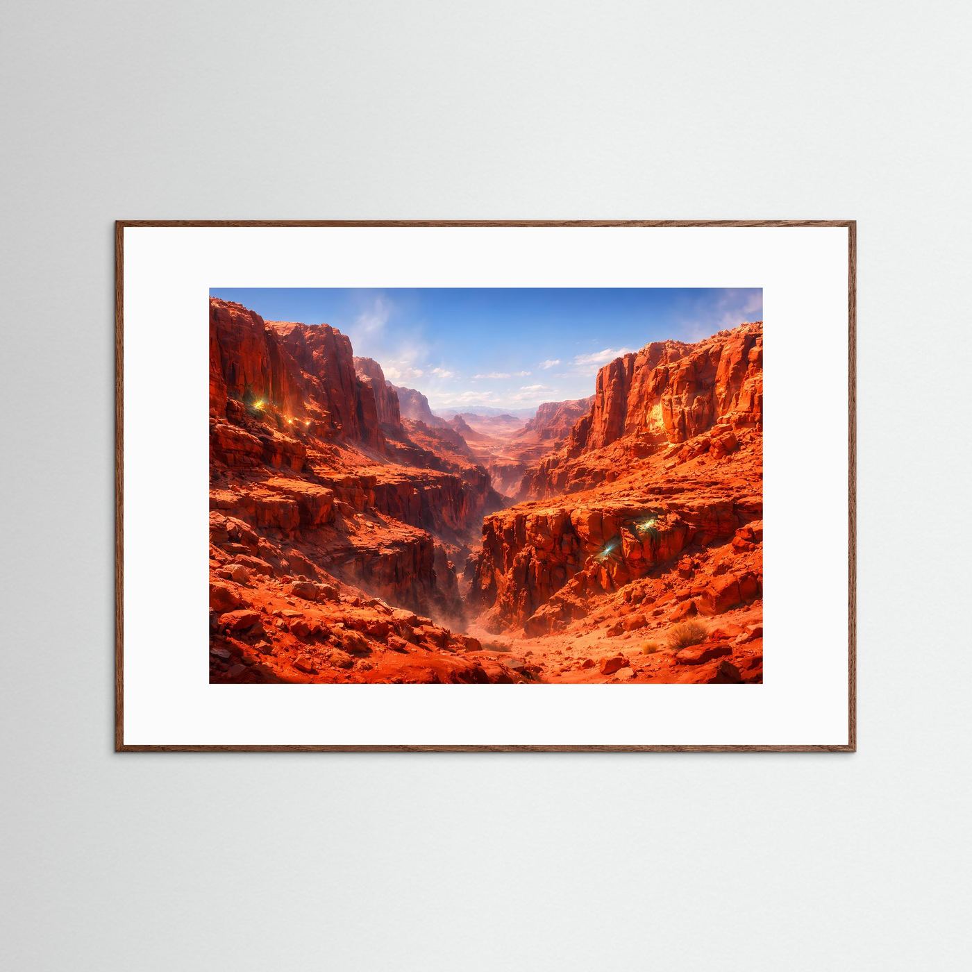 Wüsten-Canyon-Poster im Querformat mit dunklem Holzrahmen und weißem Passepartout