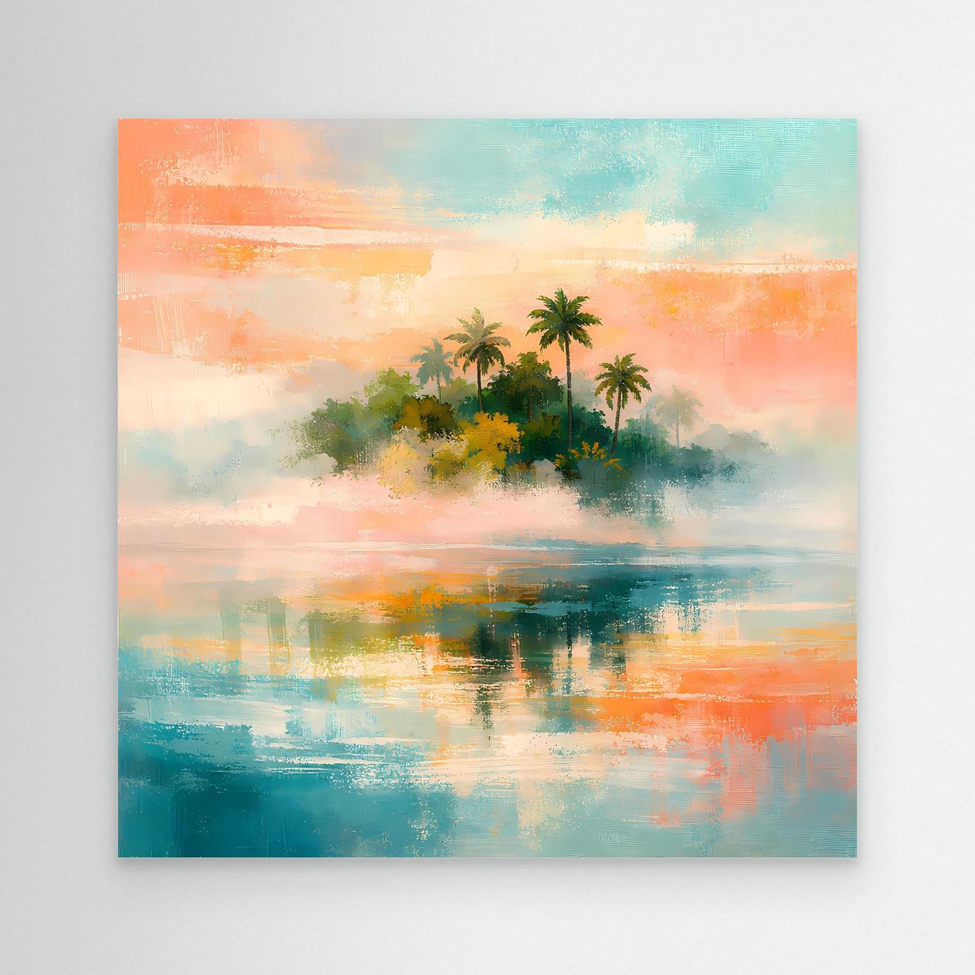 Abstraktes Wandbild mit Palmeninsel und Meer, türkis-rosa Farbverlauf ohne Rahmen