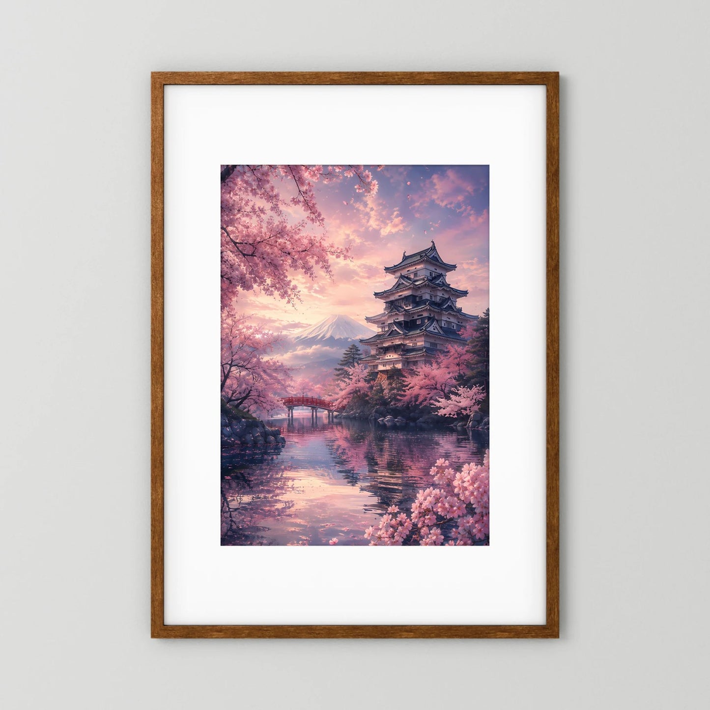 Hochformat-Poster mit Holzrahmen: japanische Pagode, Kirschblüten und Fluss bei Abendlicht