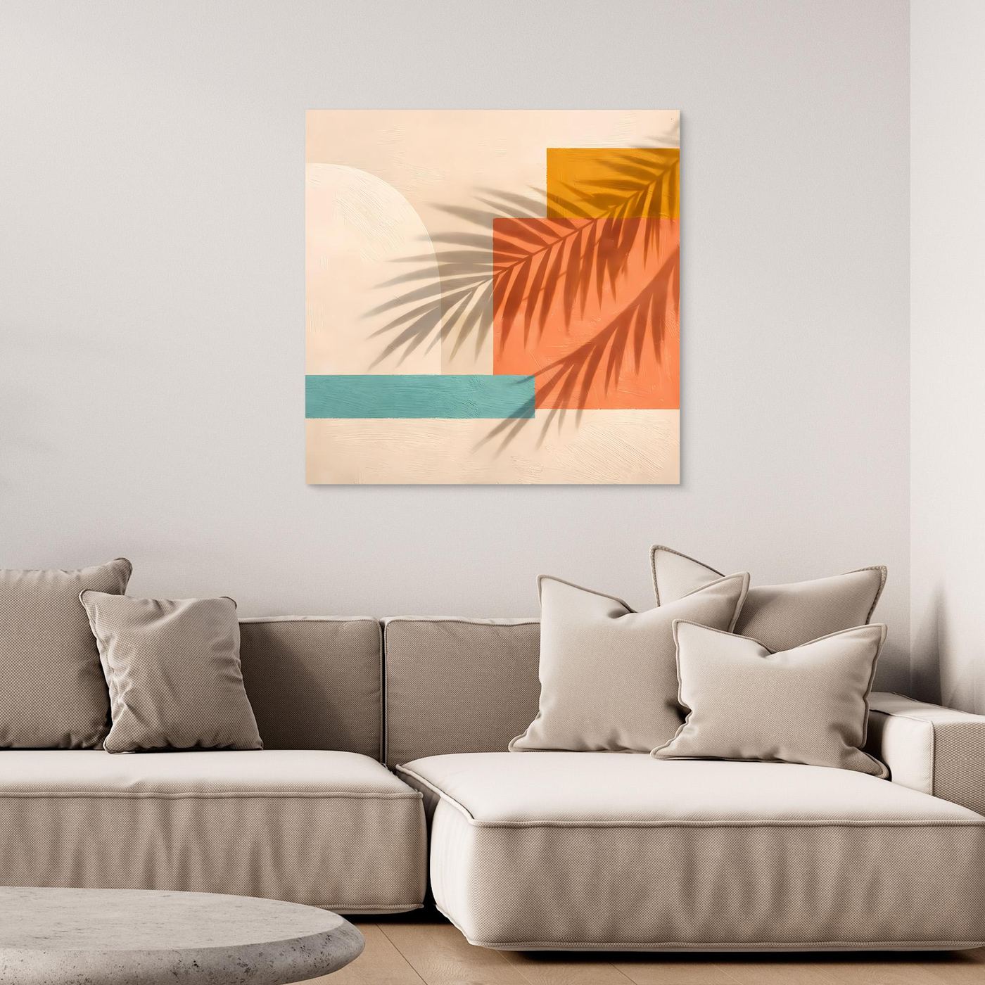 Leinwand Abstrakte Geometrie mit Palmenschatten | Modernes Boho Wandbild Terracotta