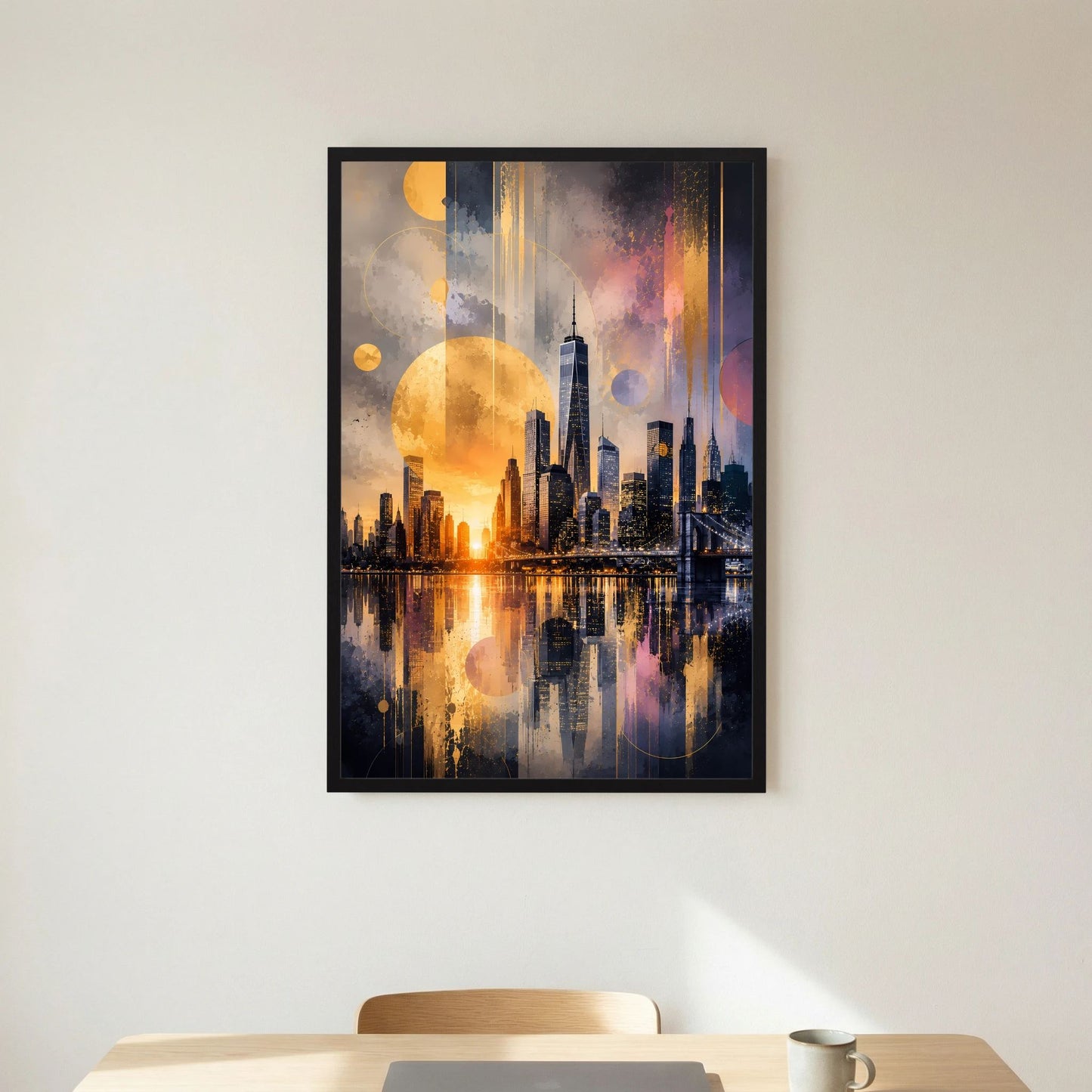 Hochformat-Poster in schwarzem Rahmen, abstrakte Skyline mit goldenem Licht und Spiegelung
