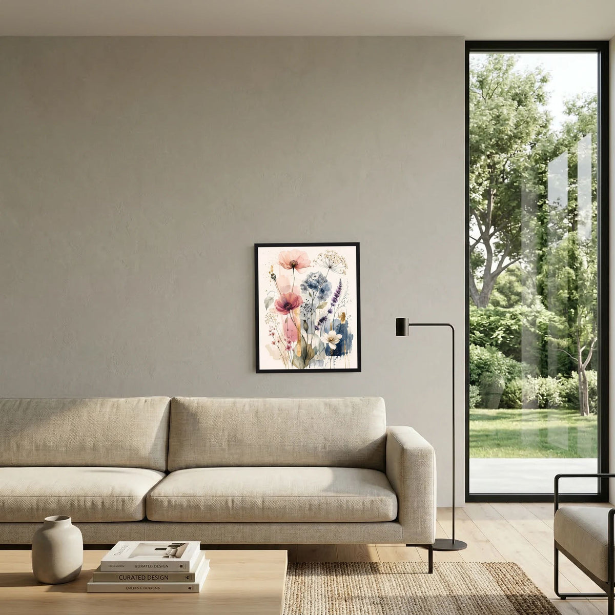 Hochformatiges Kunstposter mit Wildblumen in Pastellrosa und Hellblau, schwarzer Rahmen