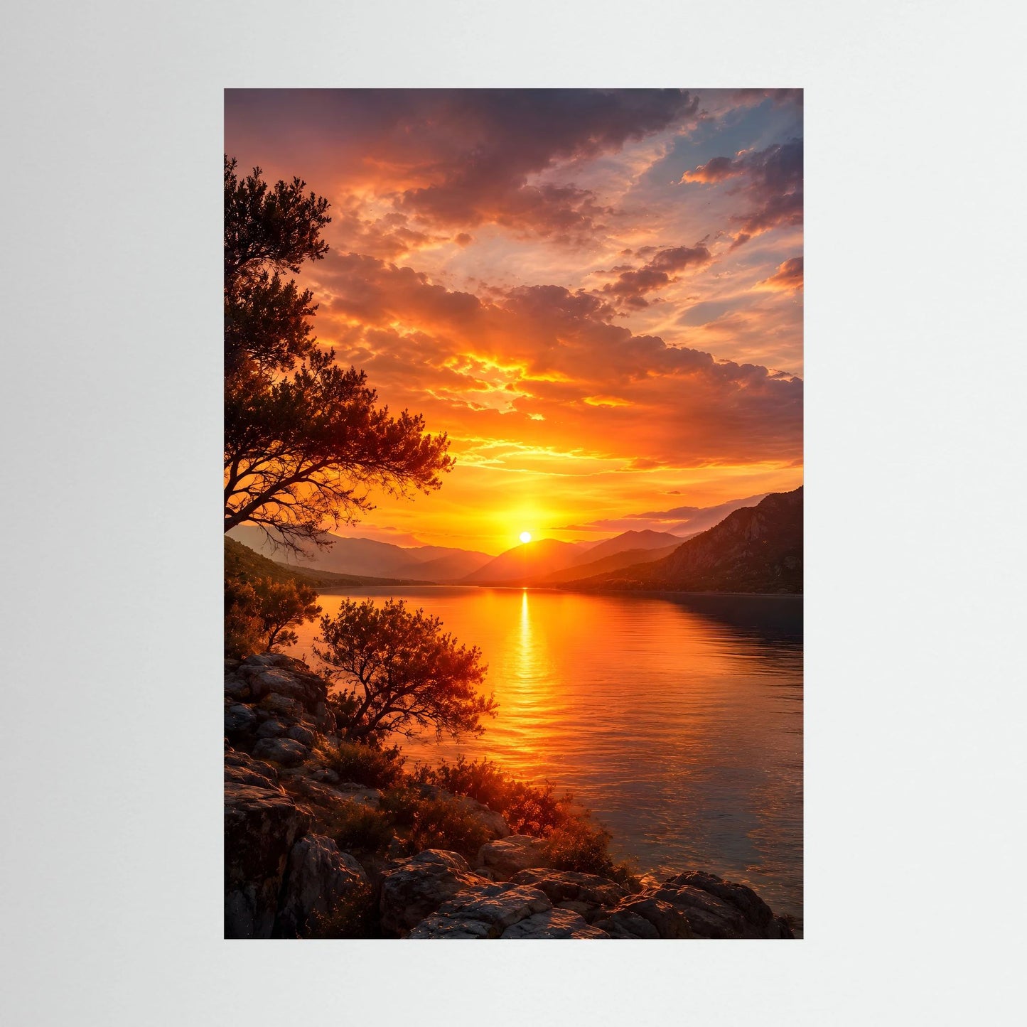 Hochformat-Poster Sonnenuntergang über See mit Sonne im Wasser und Bergen