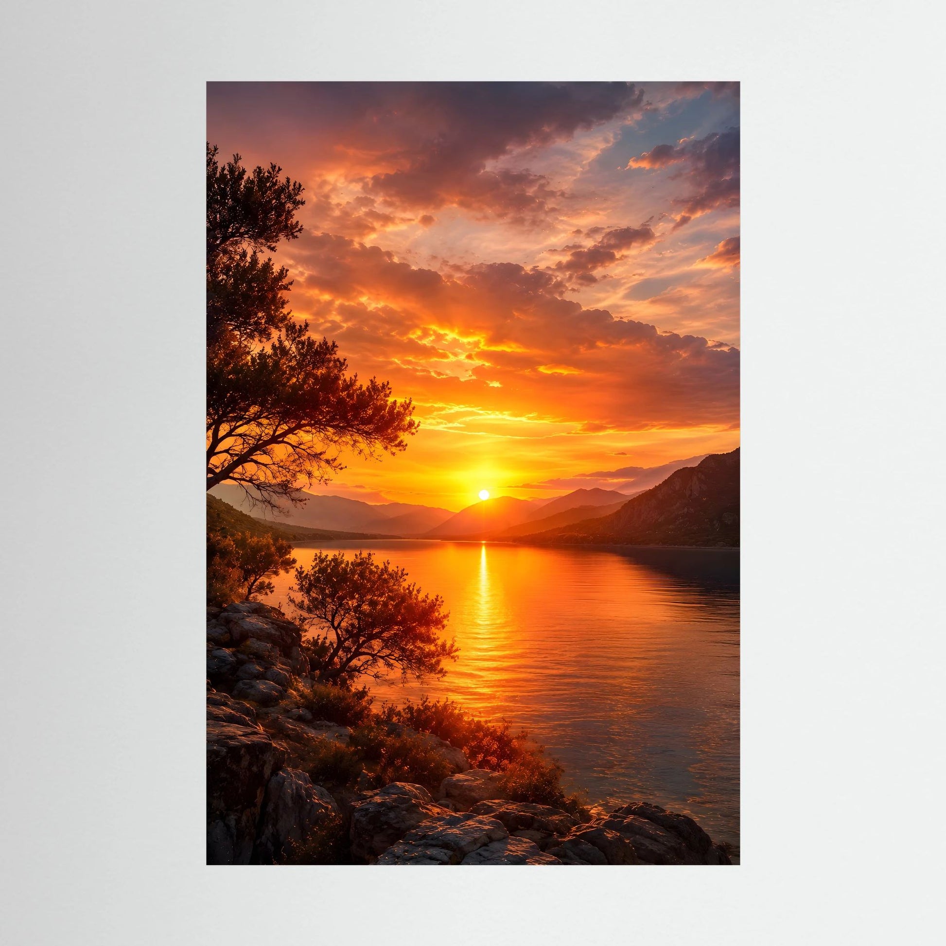 Hochformat-Poster Sonnenuntergang über See mit Sonne im Wasser und Bergen