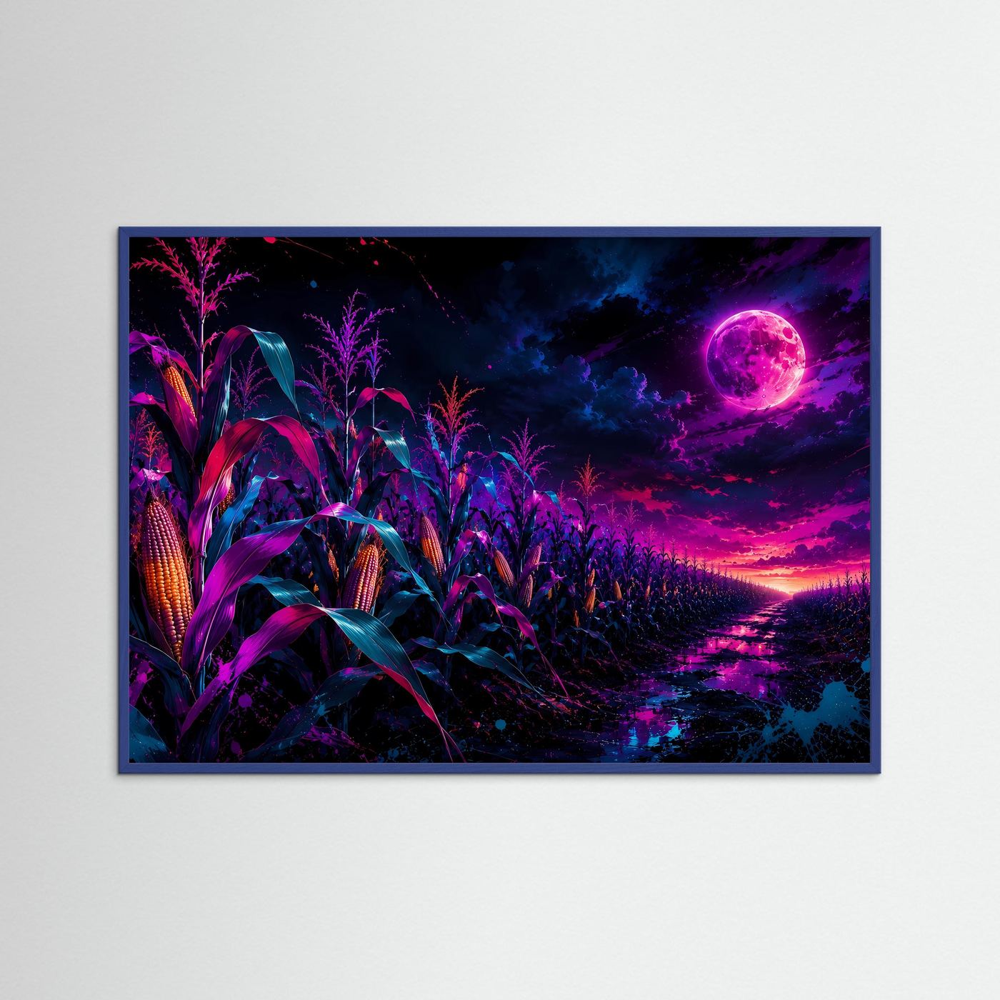 Neon-Maisfeld bei Vollmond | Mystische Fantasy-Landschaft in Pink, Lila & Blau