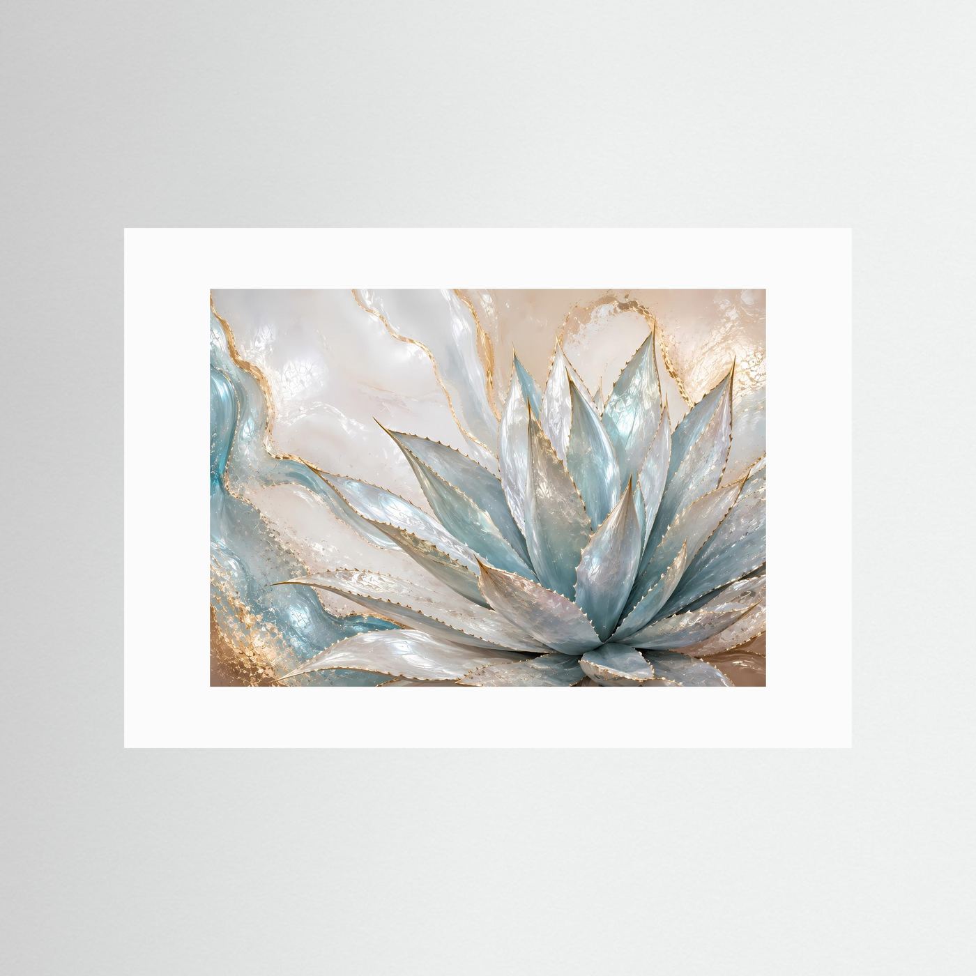 Poster mit abstrakter Agave in Blau, Creme und Perlmutt-Gold mit weißem Passepartout, Querformat