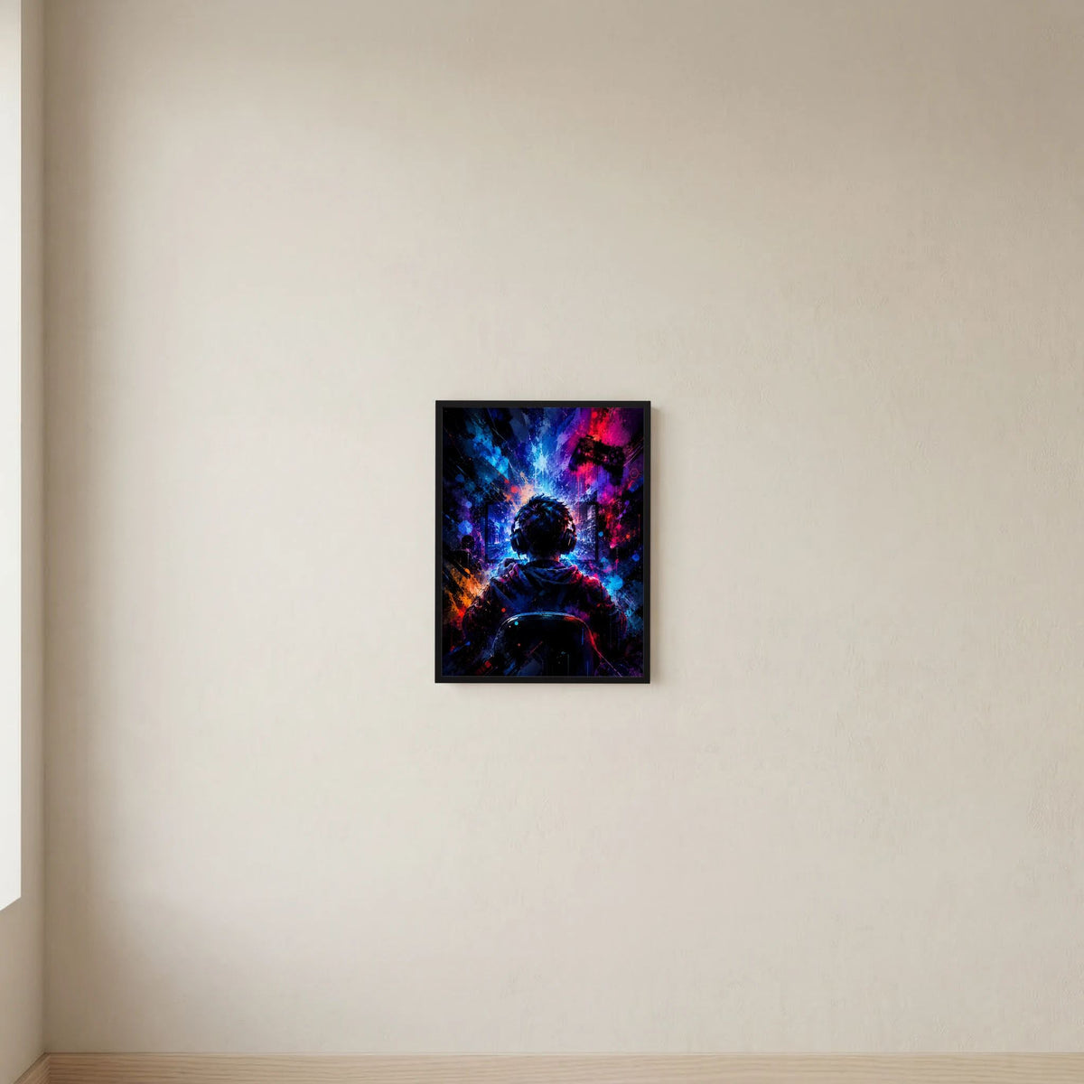 Wandposter mit schwarzem Rahmen und Neon-Motiv eines Gamers mit Headset