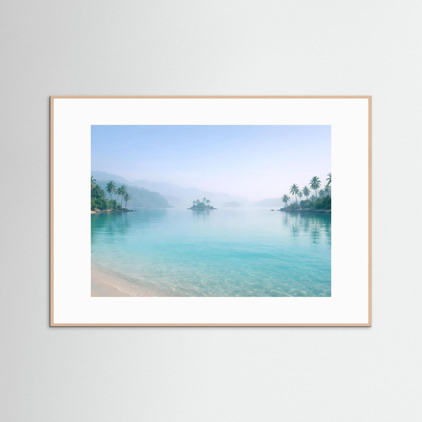 Tropisches Inselparadies im Nebel | Strand & Palmen Wandbild Querformat