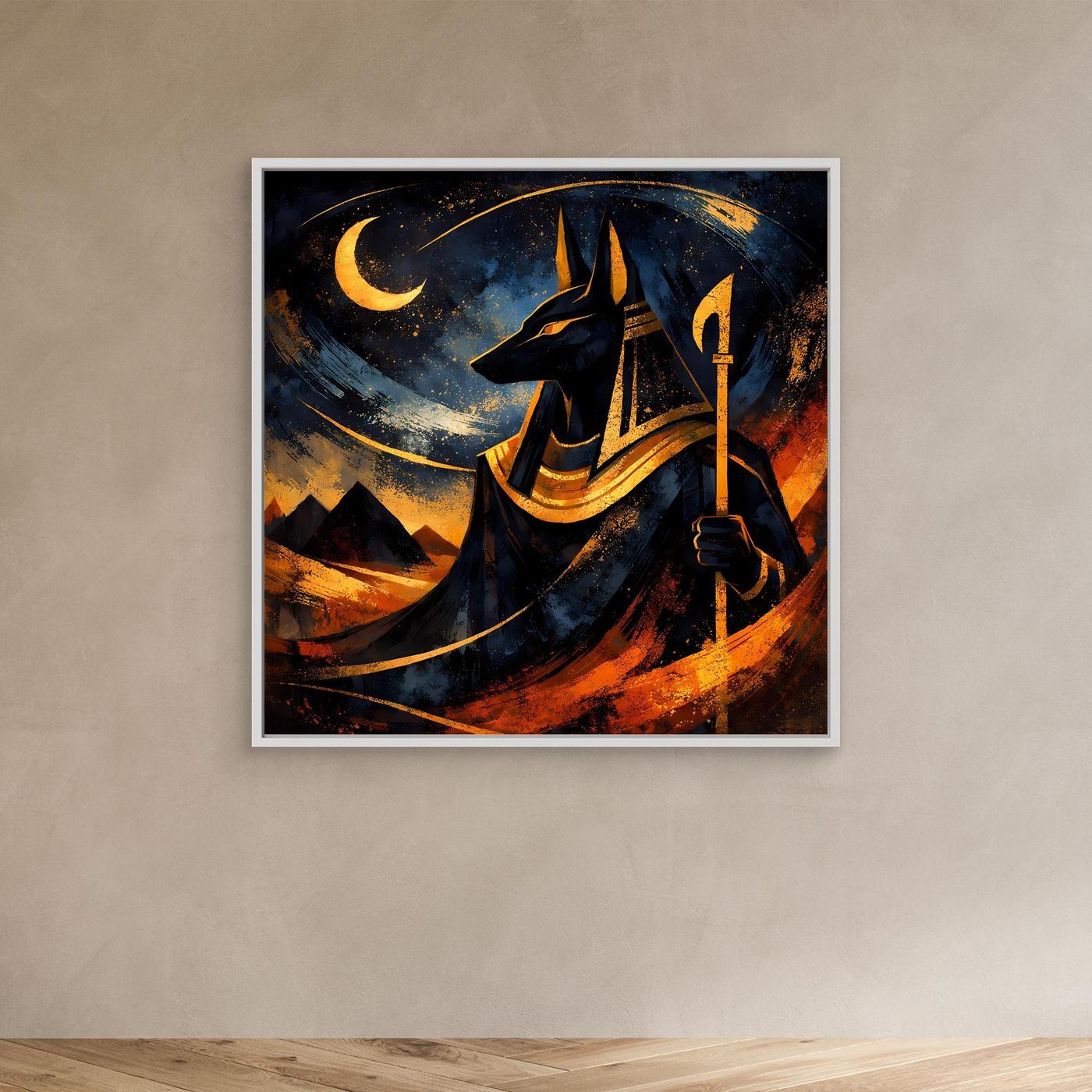 Leinwandbild mit Anubis, Mondsichel und Fackel im Nachtmotiv, weißer Rahmen