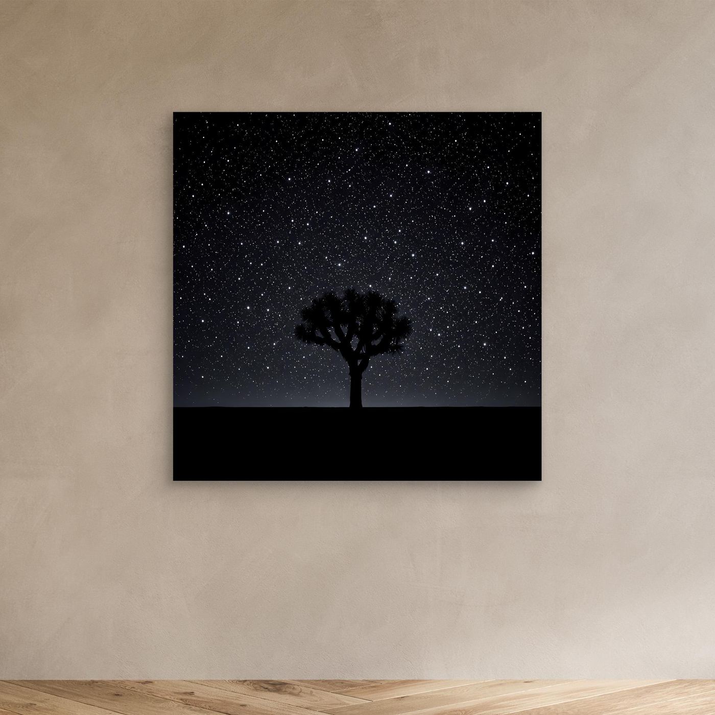 Leinwandbild Sternenhimmel mit Baum-Silhouette und Wüstenlinie, ohne sichtbaren Rahmen