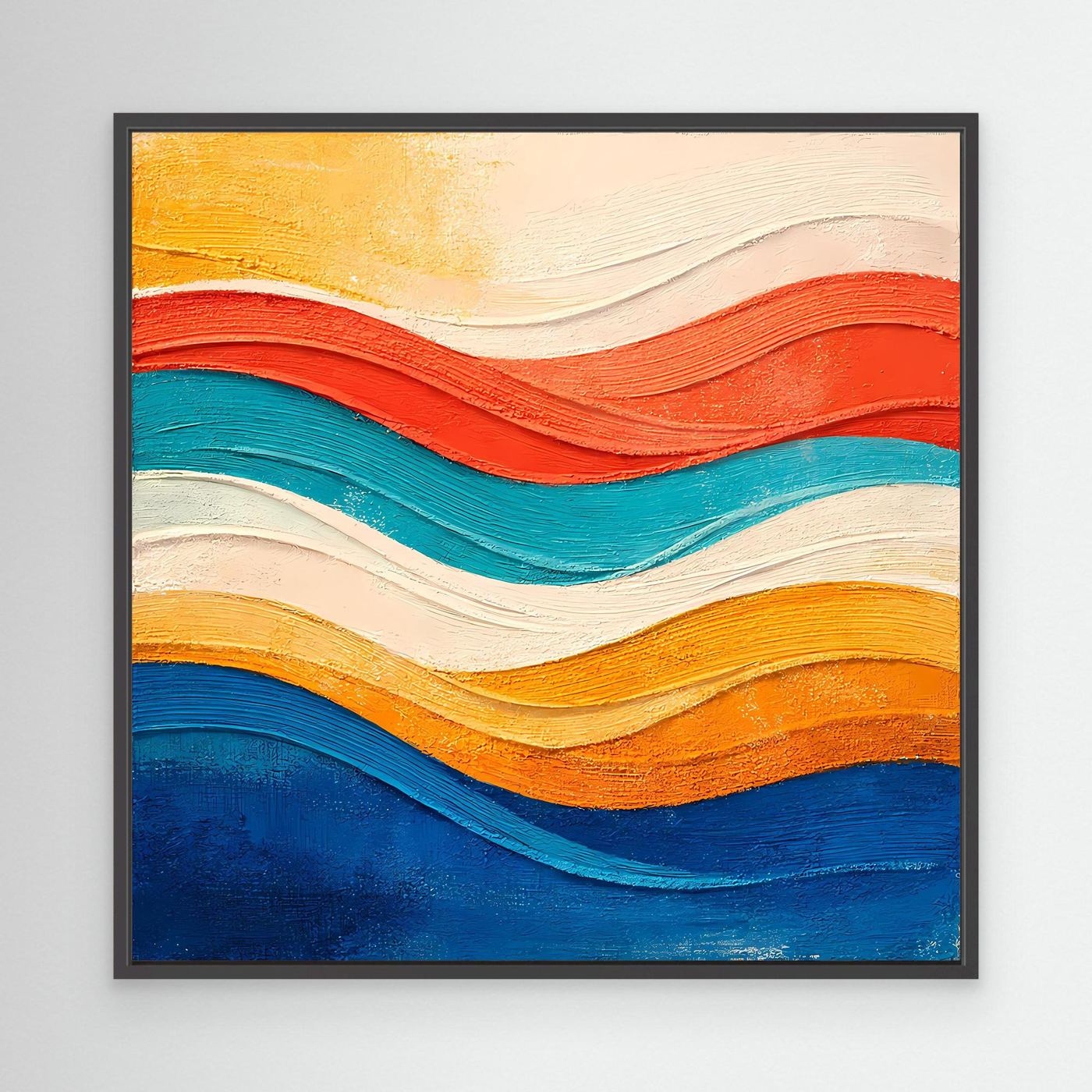 Abstraktes Leinwand-Wandbild mit Relief-Wellen in Gelb, Rot, Blau und Türkis, schwarz gerahmt