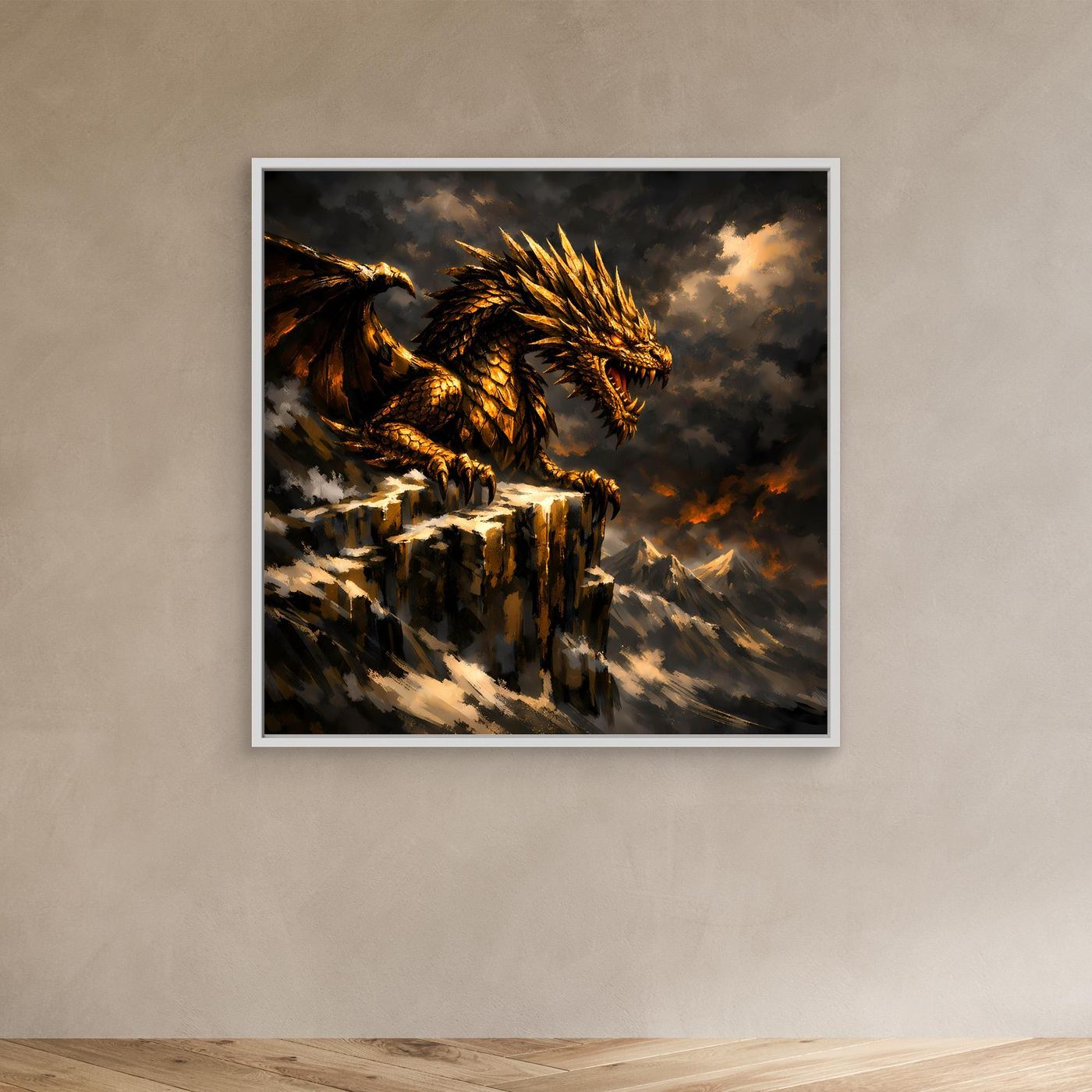 Leinwand Goldener Drache auf Felsgipfel | Episches Fantasy-Wandbild auf Keilrahmen