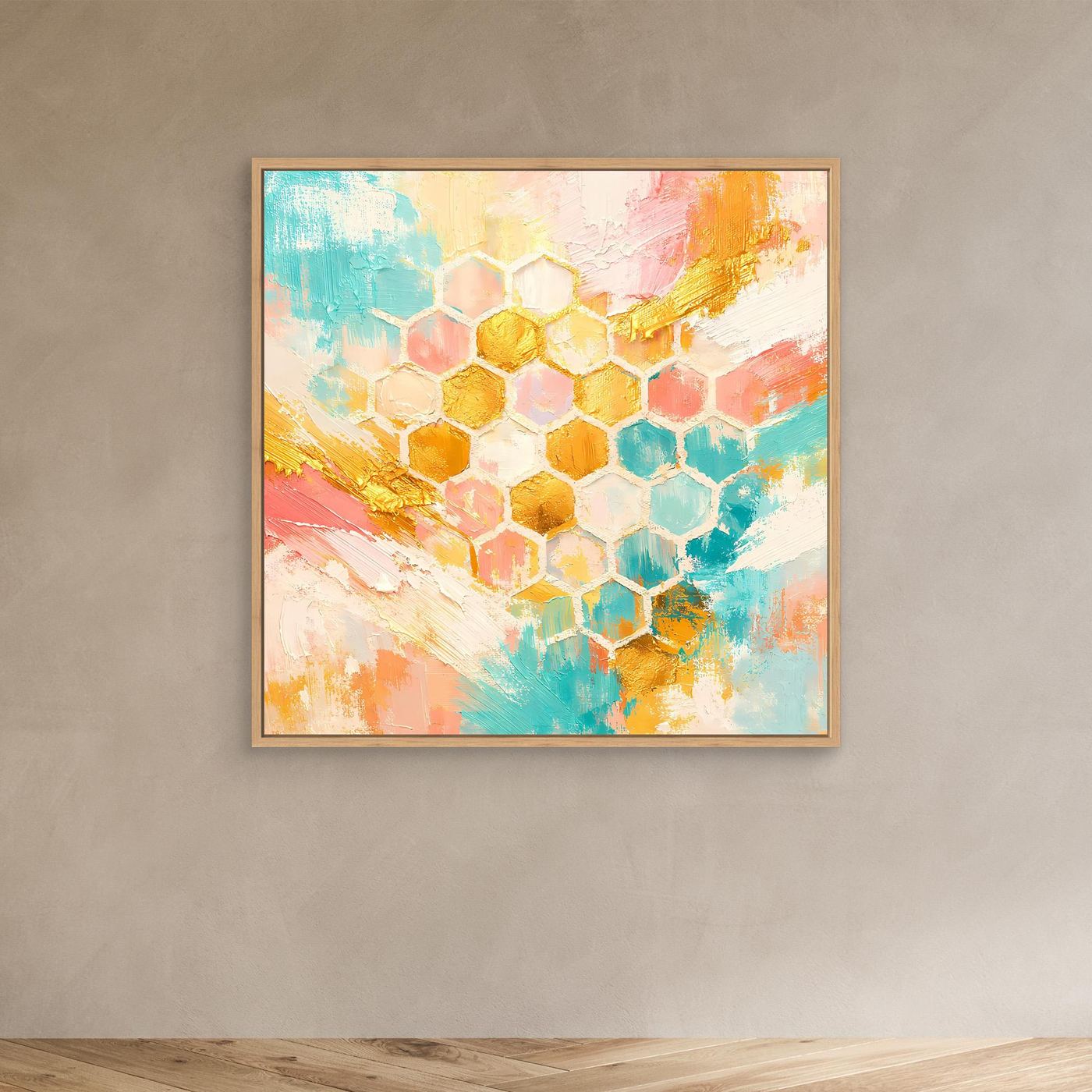 Leinwandbild mit Bienenwaben-Muster in Pastellfarben, mit hellem Holzrahmen