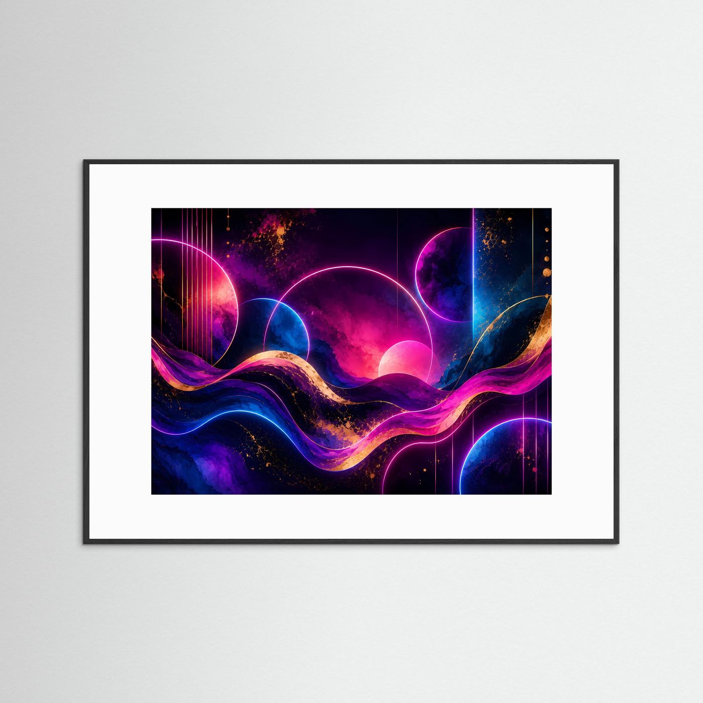 Neon-Wellen-Poster querformat mit dunklem Rahmen und weißem Passepartout, Neonrosa und Blau.