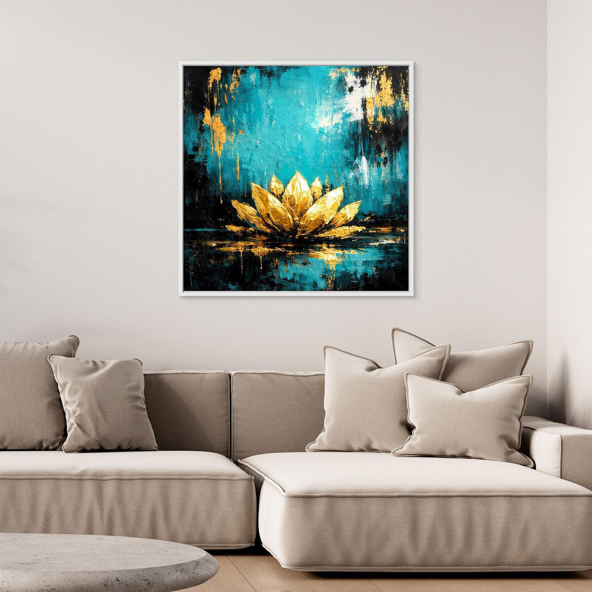 Wandbild mit abstrakter Lotusblüte in Türkis und Gold, weißer Rahmen