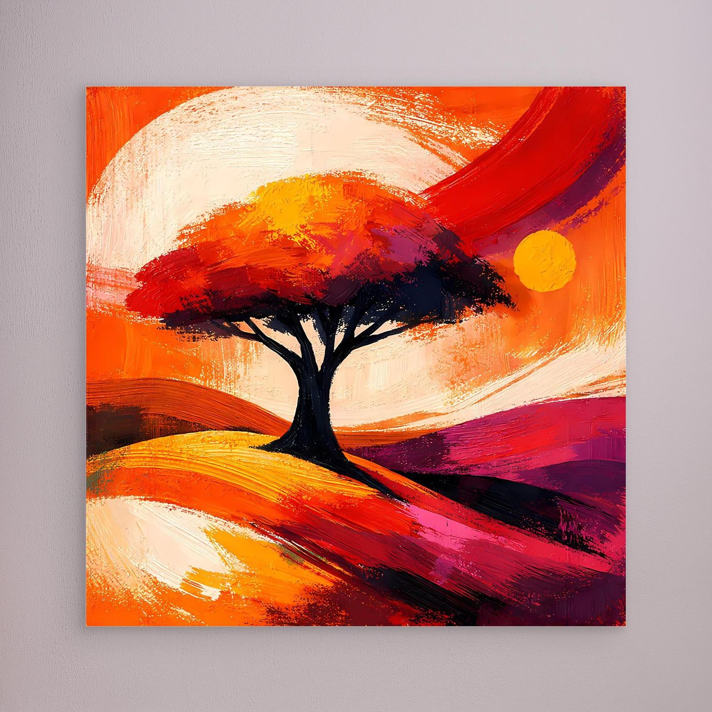 Leinwandbild mit abstraktem Baum in Orange-Rot, ohne sichtbaren Rahmen