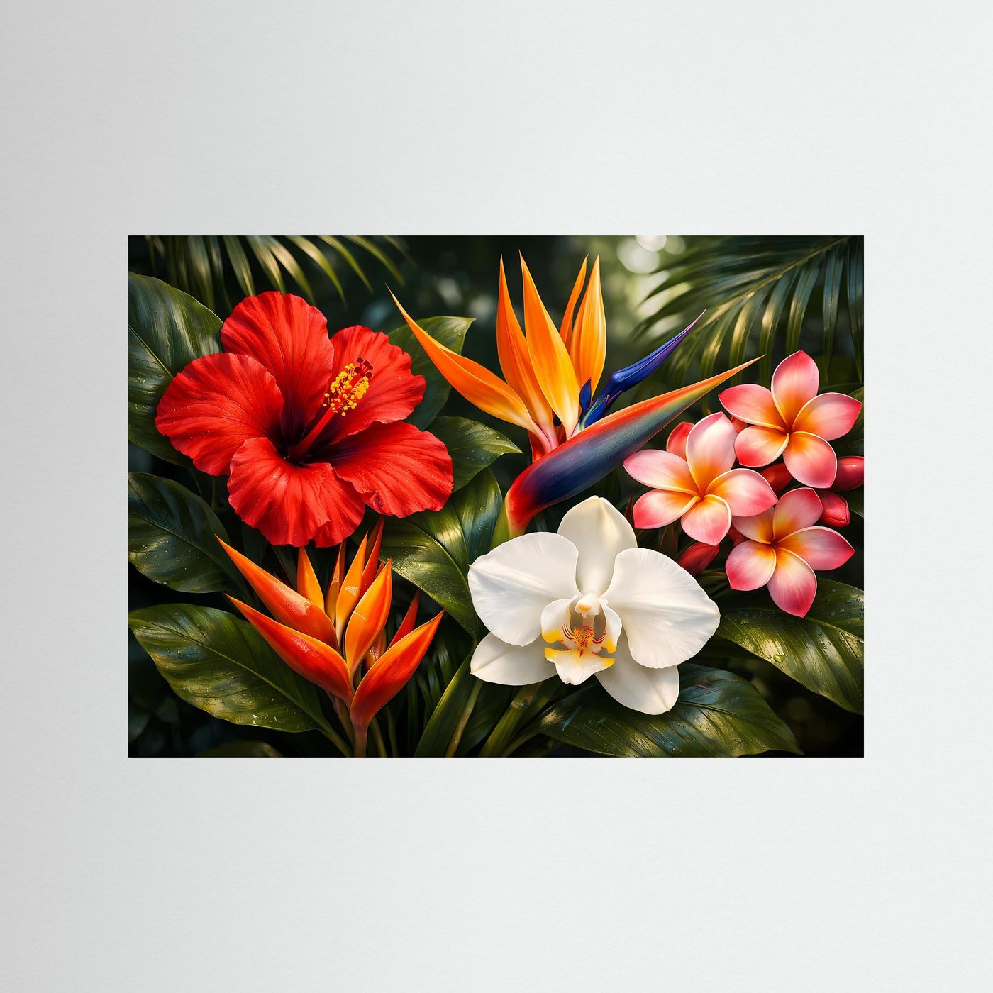 Naturposter tropischer Blüten: Hibiskus, Strelitzie und rosafarbene Blüten, ohne Rahmen