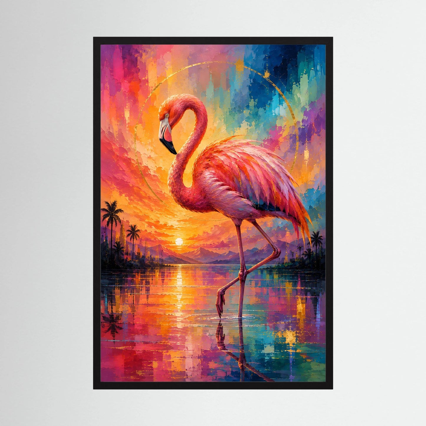 Kunstposter (Hochformat) mit Flamingo in Pink, Orange und Türkis