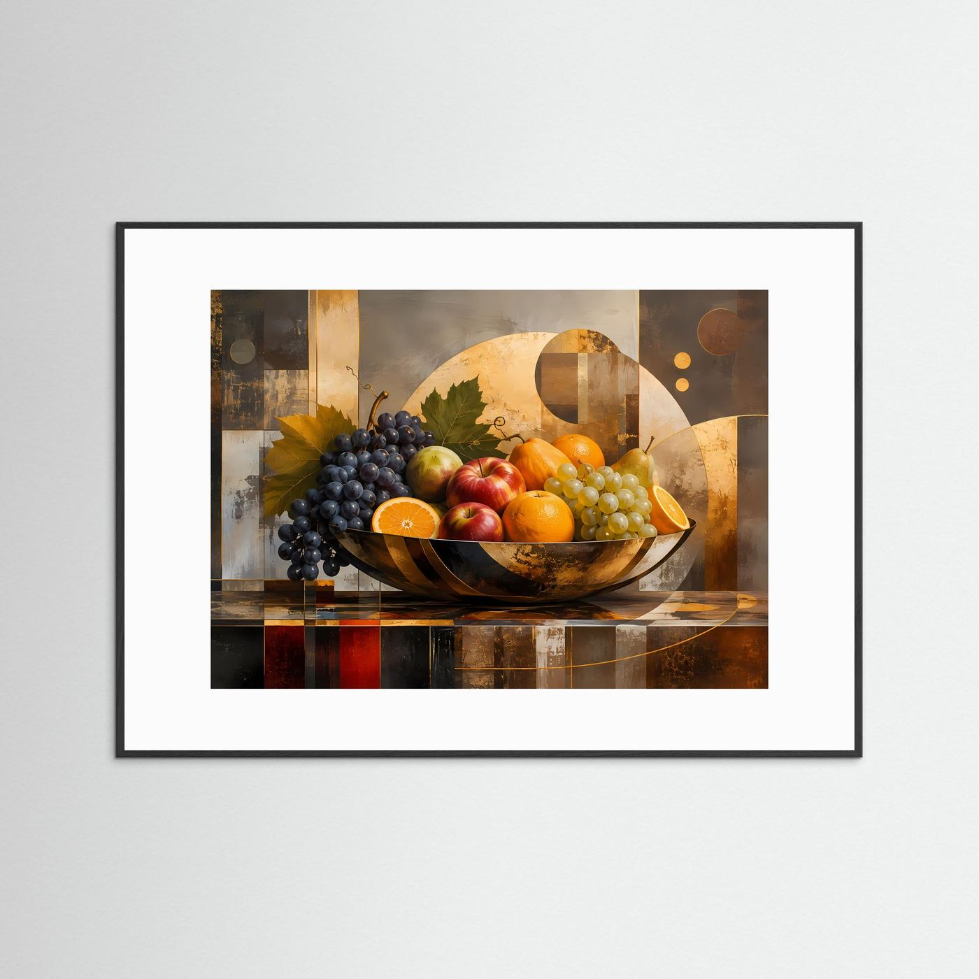 Querformat-Poster mit Obstschale und Weintrauben im schwarzen Rahmen mit weißem Passepartout