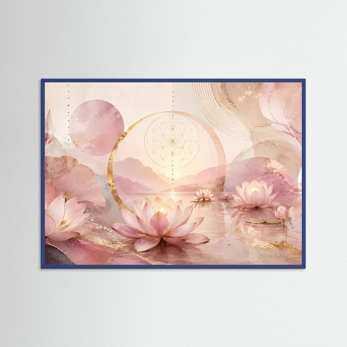 Querformat-Poster im blauen Rahmen mit Lotusblüten in Rosa und Gold, Kreisornamenten