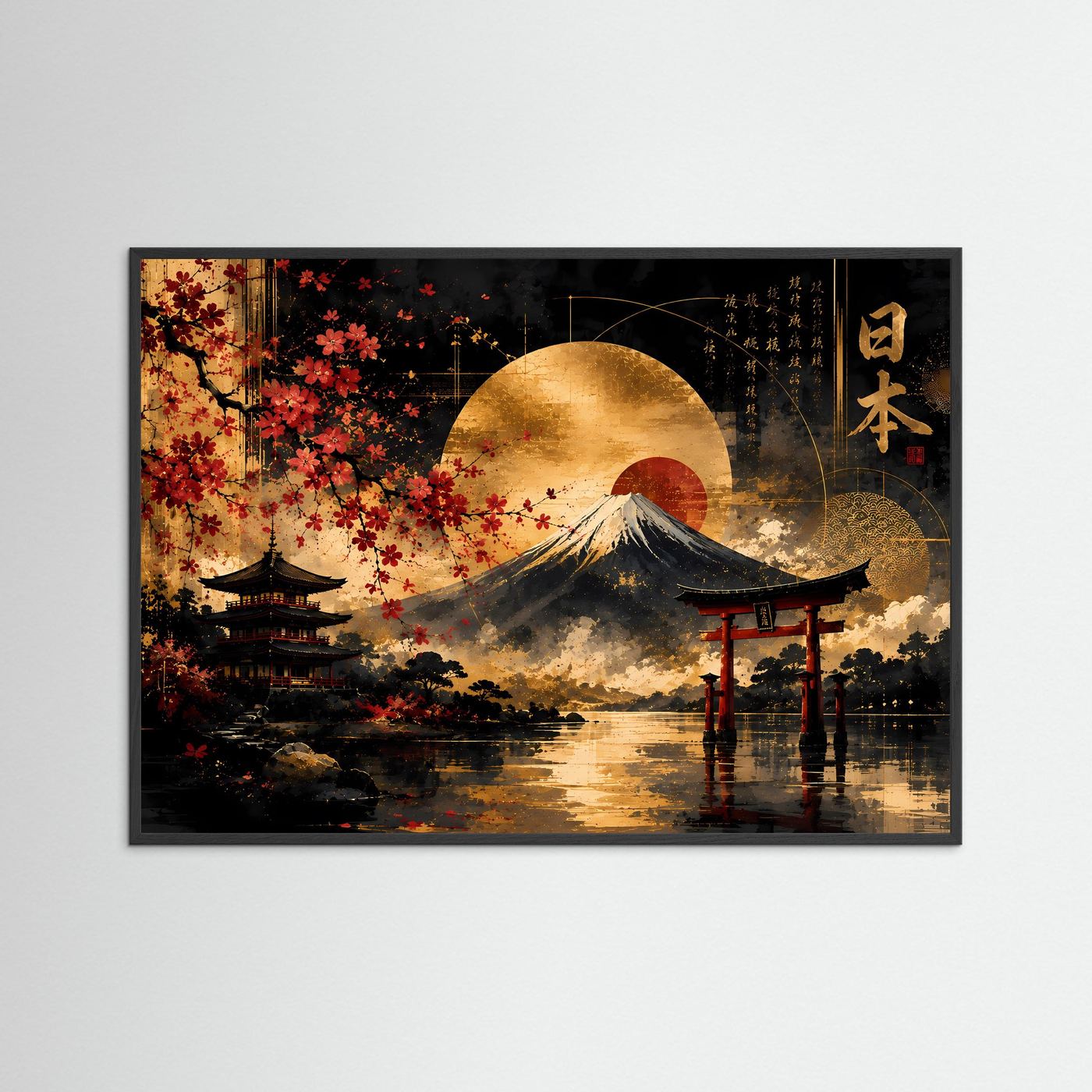 Japanische Landschaft mit Fuji, Kirschblüten und Torii | Goldene Sonne über Pagode und Wasser | Asiatische Wandkunst in Schwarz, Gold und Rot im Querformat