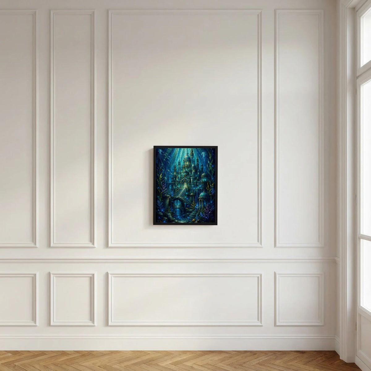 Gerahmtes Hochformat-Poster: blaue Unterwasserstadt im Mosaikstil