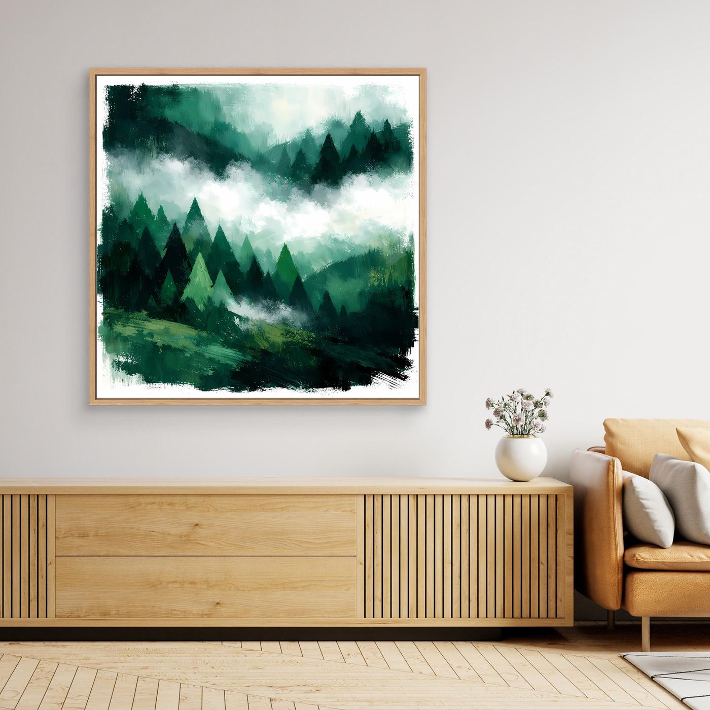 Leinwand Magischer Nebelwald in den Bergen | Abstraktes Tannenwald Wandbild