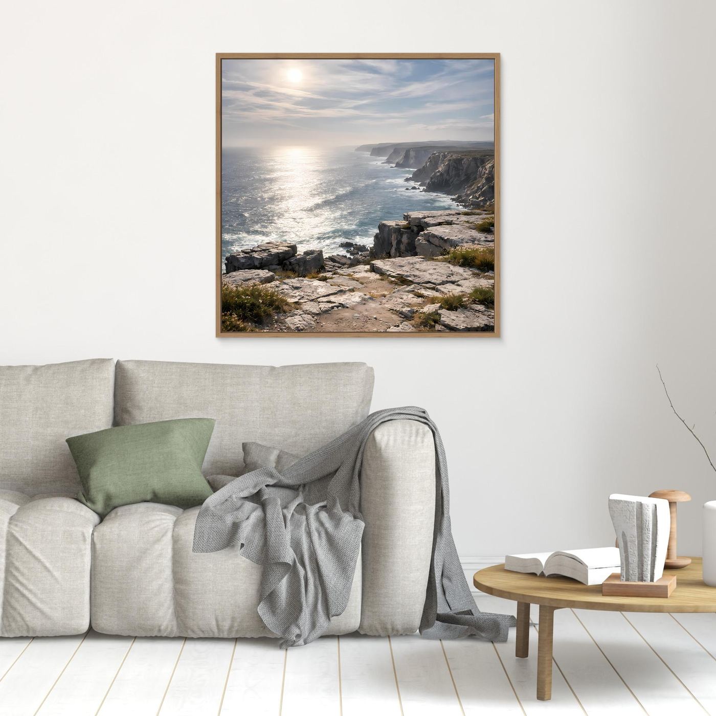 Leinwandbild Steilküste am Meer mit Felsen, Meer und Sonnenaufgang im Holzrahmen