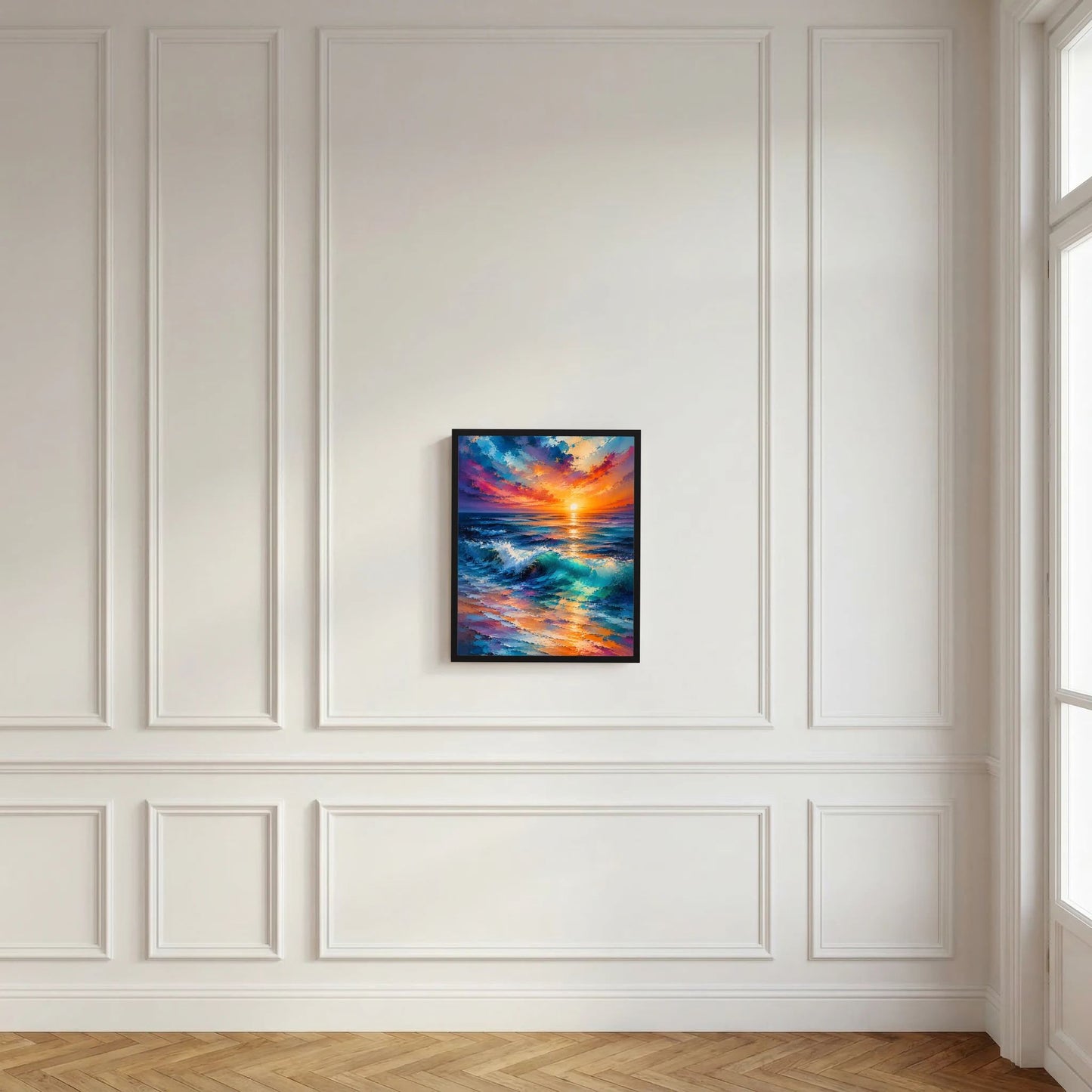 Poster im dunklen Rahmen, Hochformat: Sonnenuntergang über dem Meer, blau-orange Farbverlauf