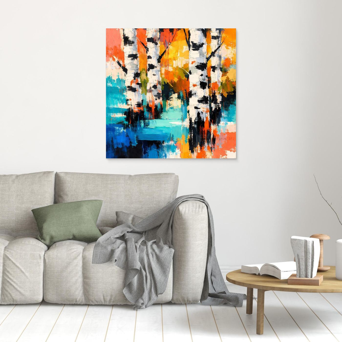 Abstract birch forest canvas wall art, colorful vertical brushstrokes, unframed