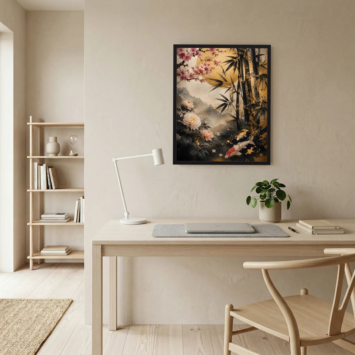 Gerahmtes japanisches Hochformat-Poster mit Koi, Bambus und Kirschblüten in Schwarz-Gold