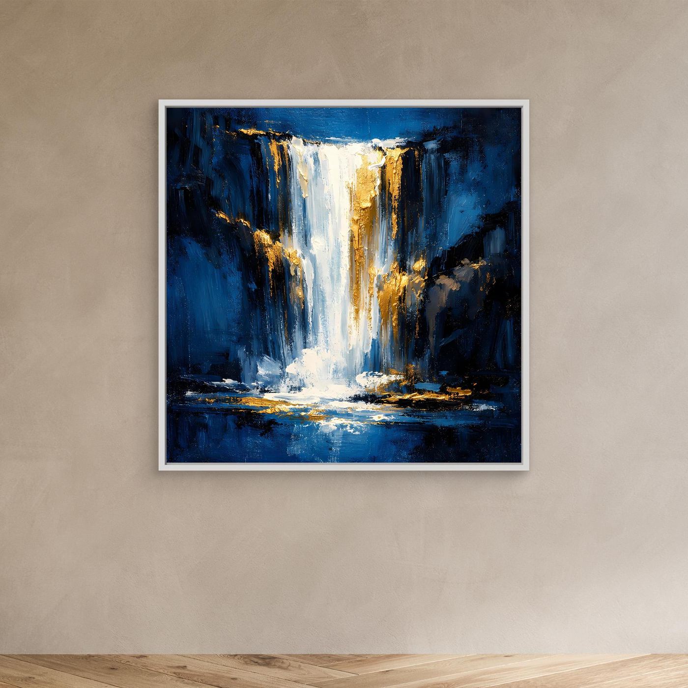Leinwand Abstraktes Wasserfall Gemälde in Dunkelblau und Gold | Modernes Natur Wandbild