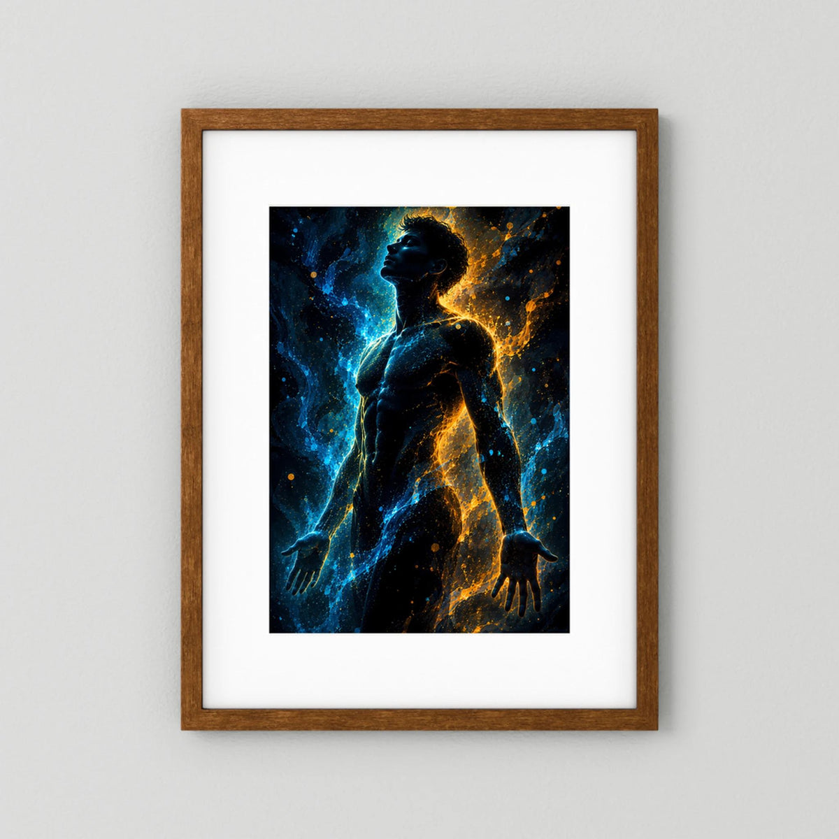 Hochformat-Poster mit männlicher Silhouette, leuchtend blau-gold, brauner Holzrahmen