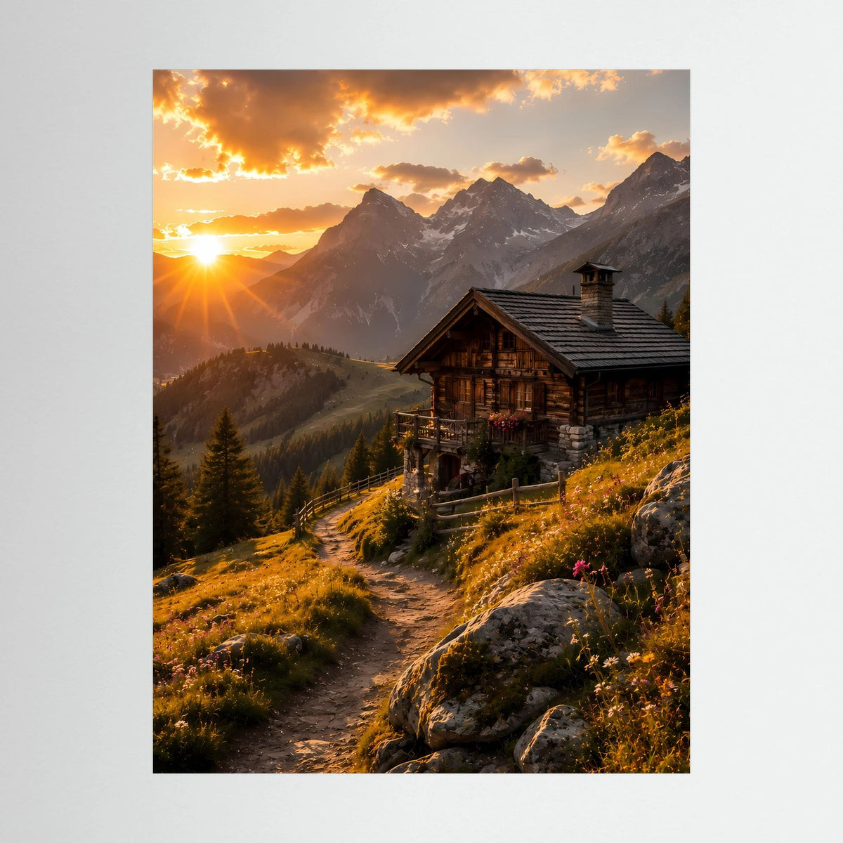 Poster Hochformat: Alpenhütte im Sonnenuntergang, Bergtal mit Lichtstrahlen