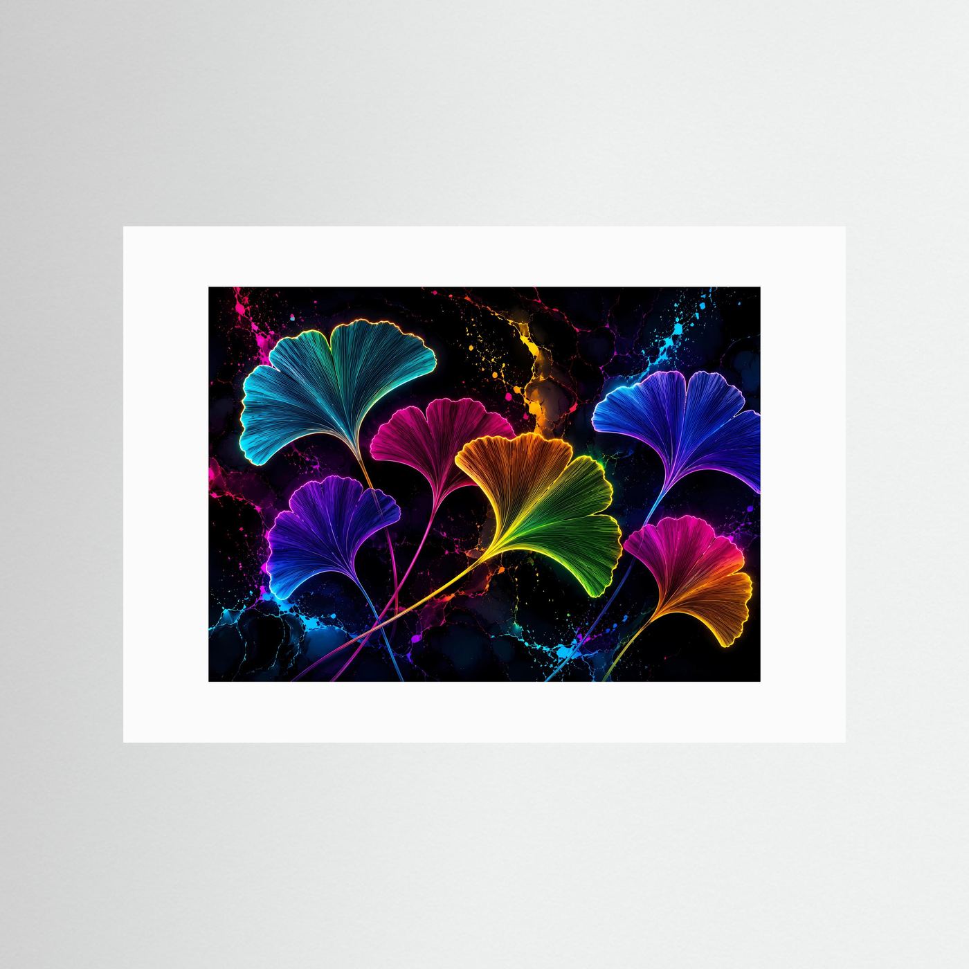 Modernes Ginkgo-Blatt-Poster im Neon-Look mit weißem Passepartout