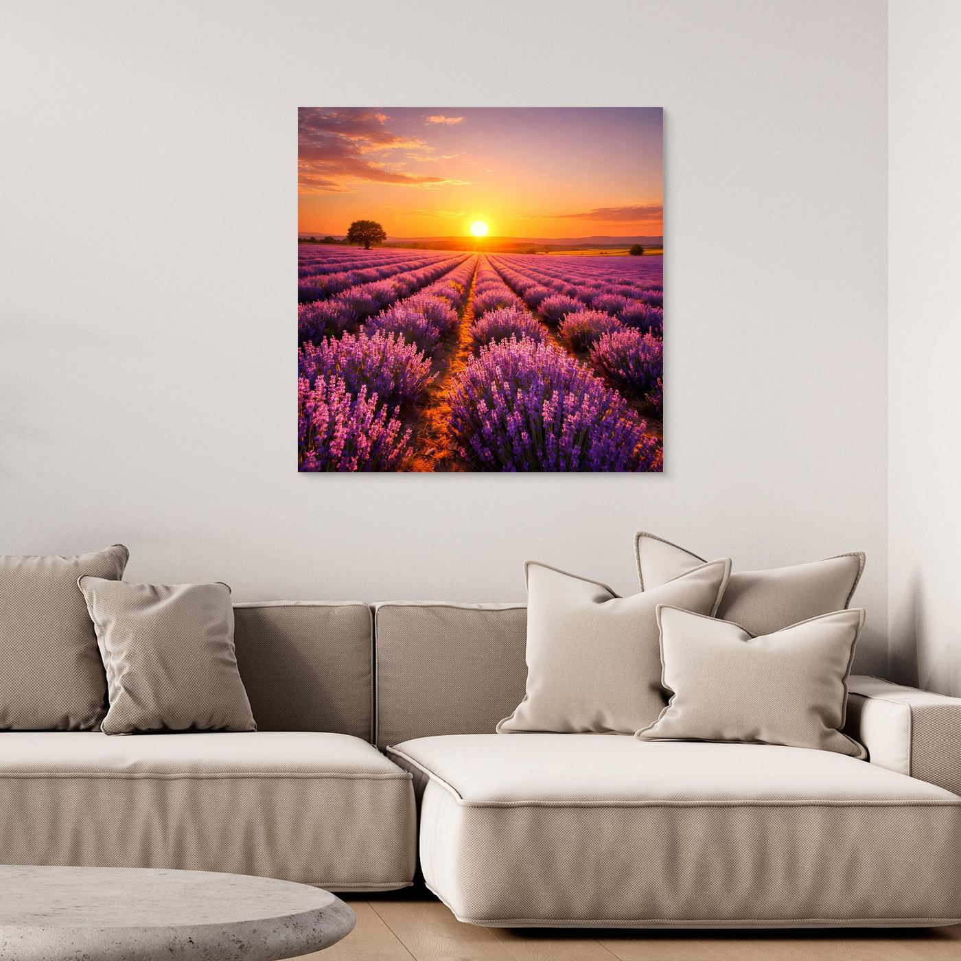 Ungefasstes Leinwandbild mit Lavendelfeld bei Sonnenuntergang und gelber Sonne