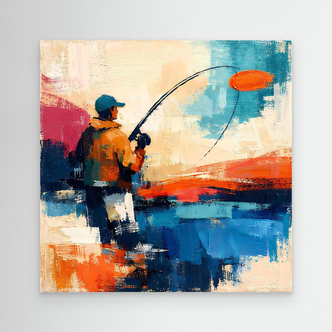 Abstract canvas wall art with an angler casting a line over blue and orange water strokes.