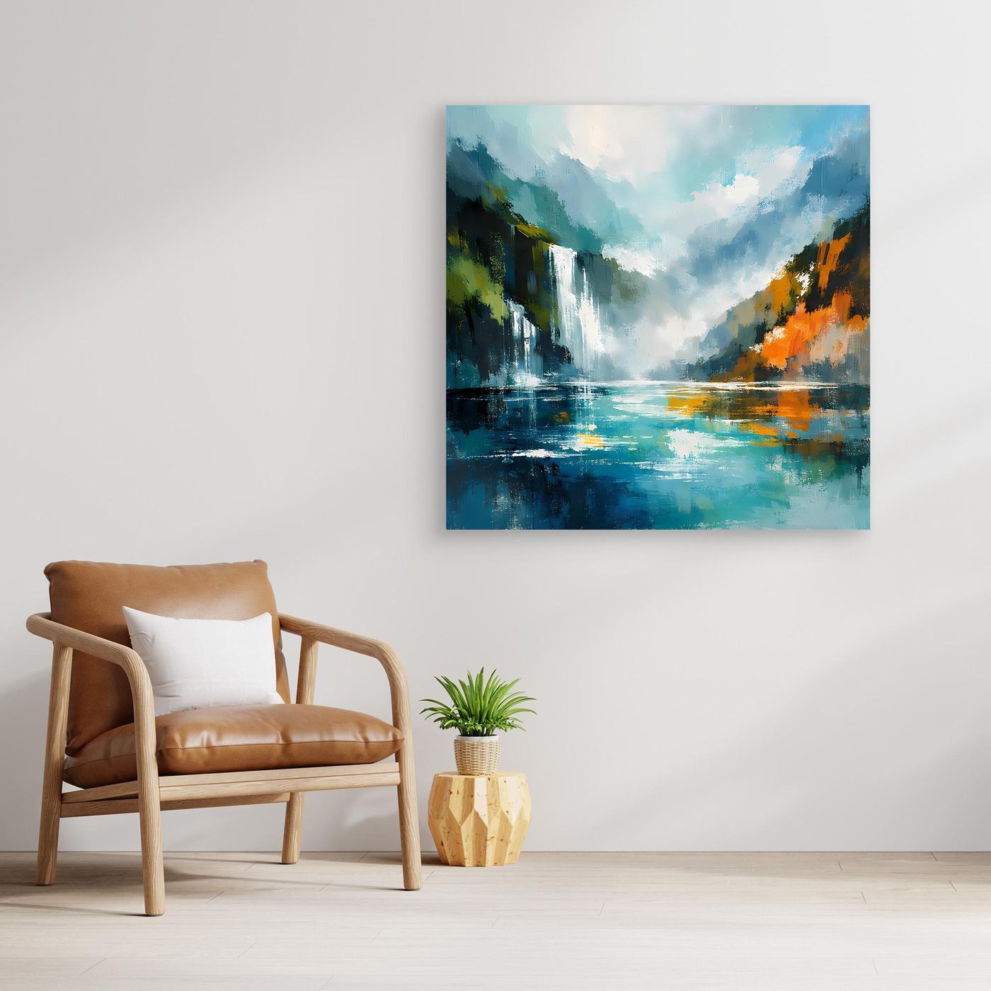 Abstraktes Leinwand-Wandbild mit Wasserfall im Fjord, ohne Rahmen, blau mit Akzenten