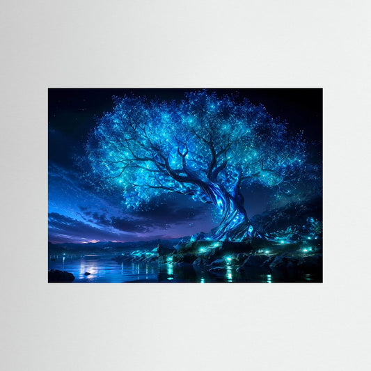 Leuchtendes Baum-des-Lebens-Gemälde mit blauen Lichtern, schwarzer Rahmen