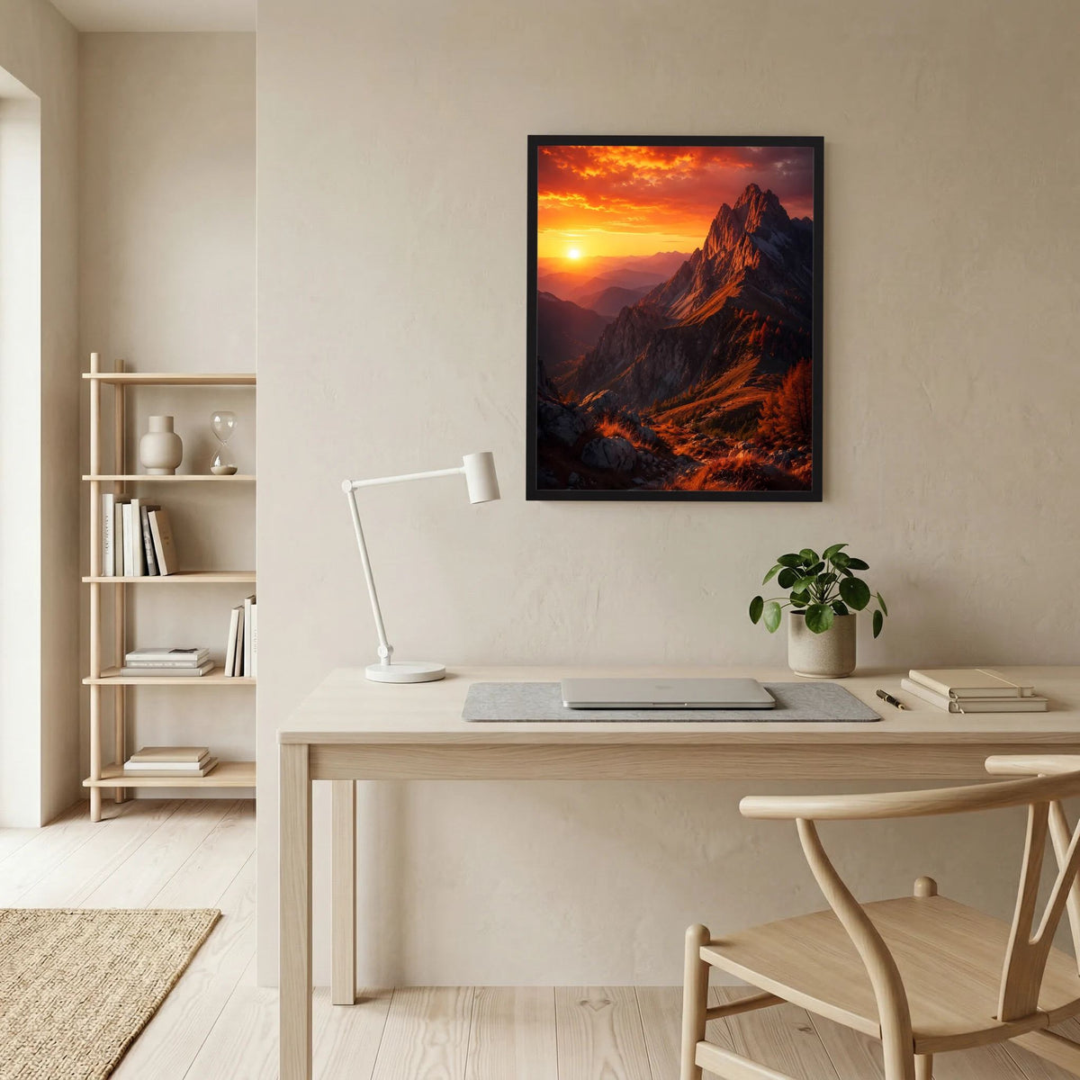 Poster im Hochformat mit Bergkamm und Sonnenuntergang, leuchtendes Orange, schwarzer Rahmen