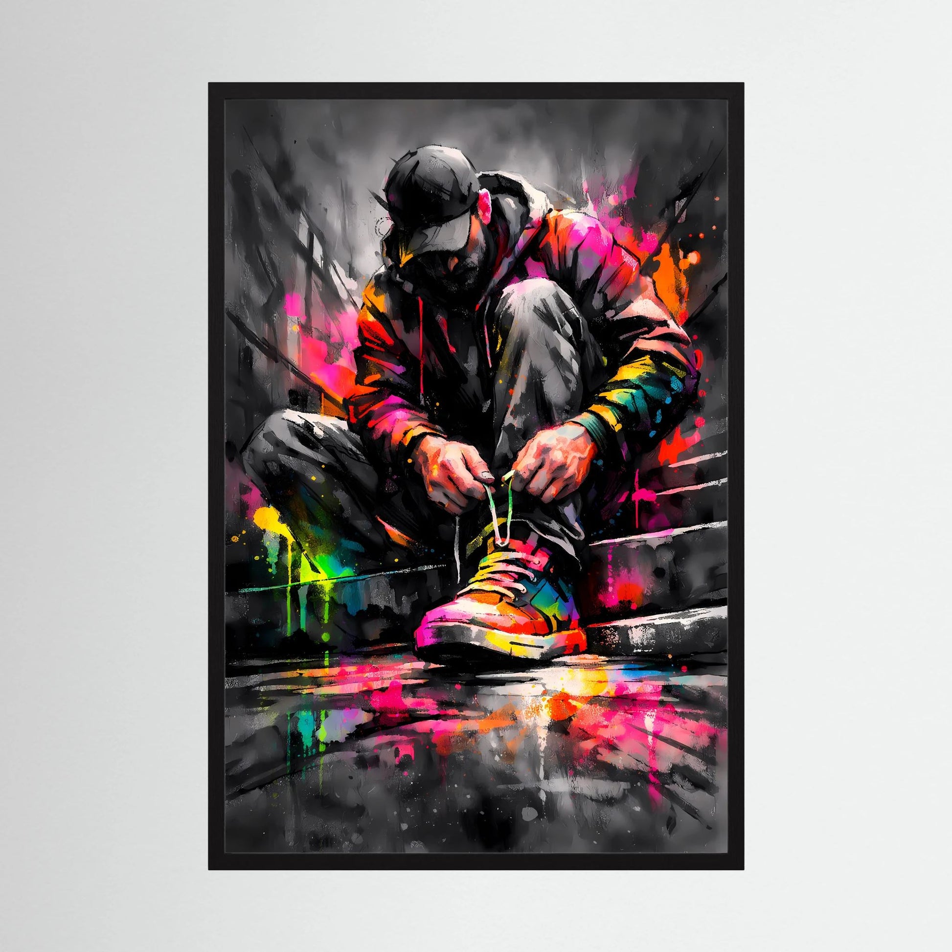 Poster im schwarzen Rahmen, Graustufen-Figur mit bunten Farbspritzern und Sneakers