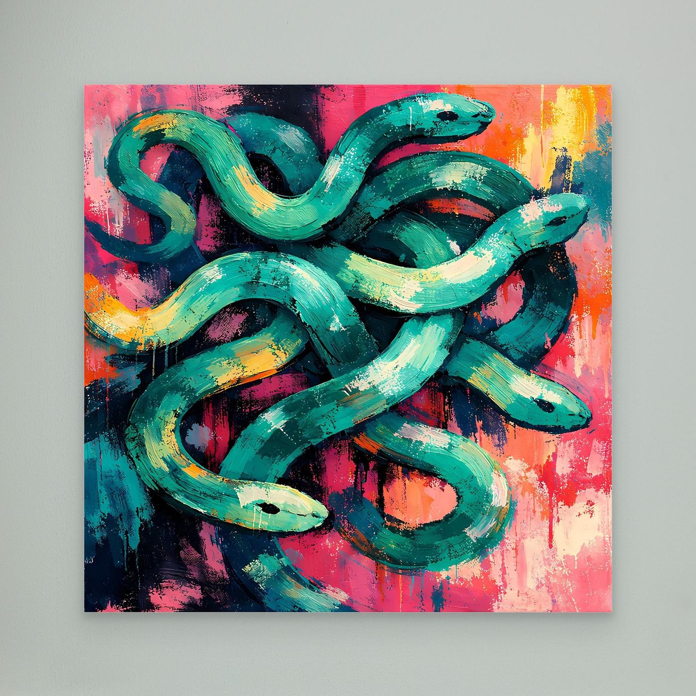 Abstract snake canvas wall art with teal coils on pink, orange, and dark accents