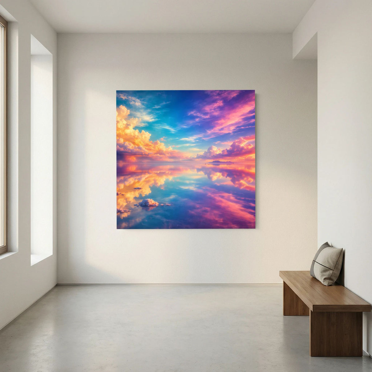 Leinwandbild auf Holzkeilrahmen: abstrakte Spiegelung von Himmel und Wolken in Blau und Pink