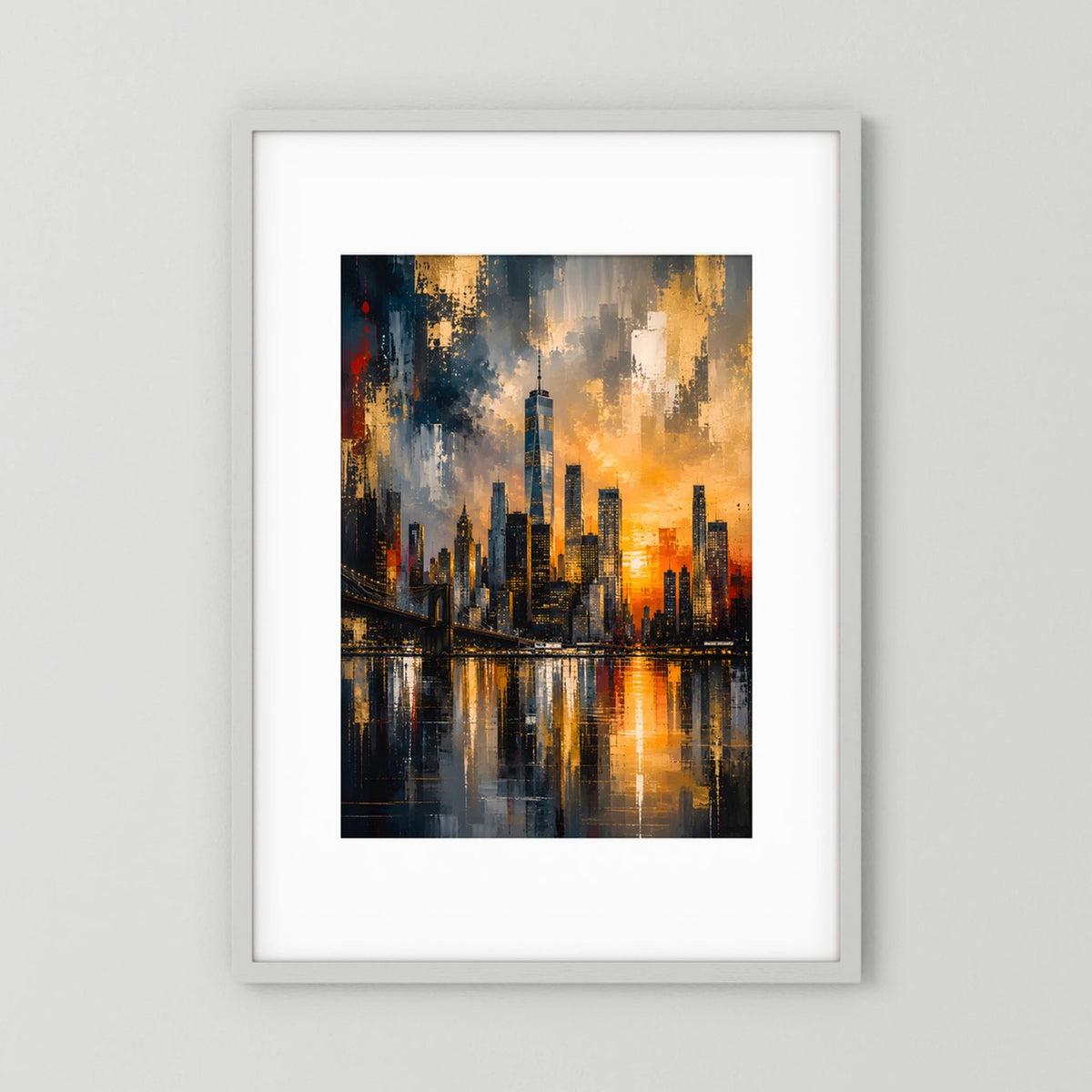 Hochformat-Poster mit abstrakter Skyline, Gold und Schwarz, Spiegelung im Wasser