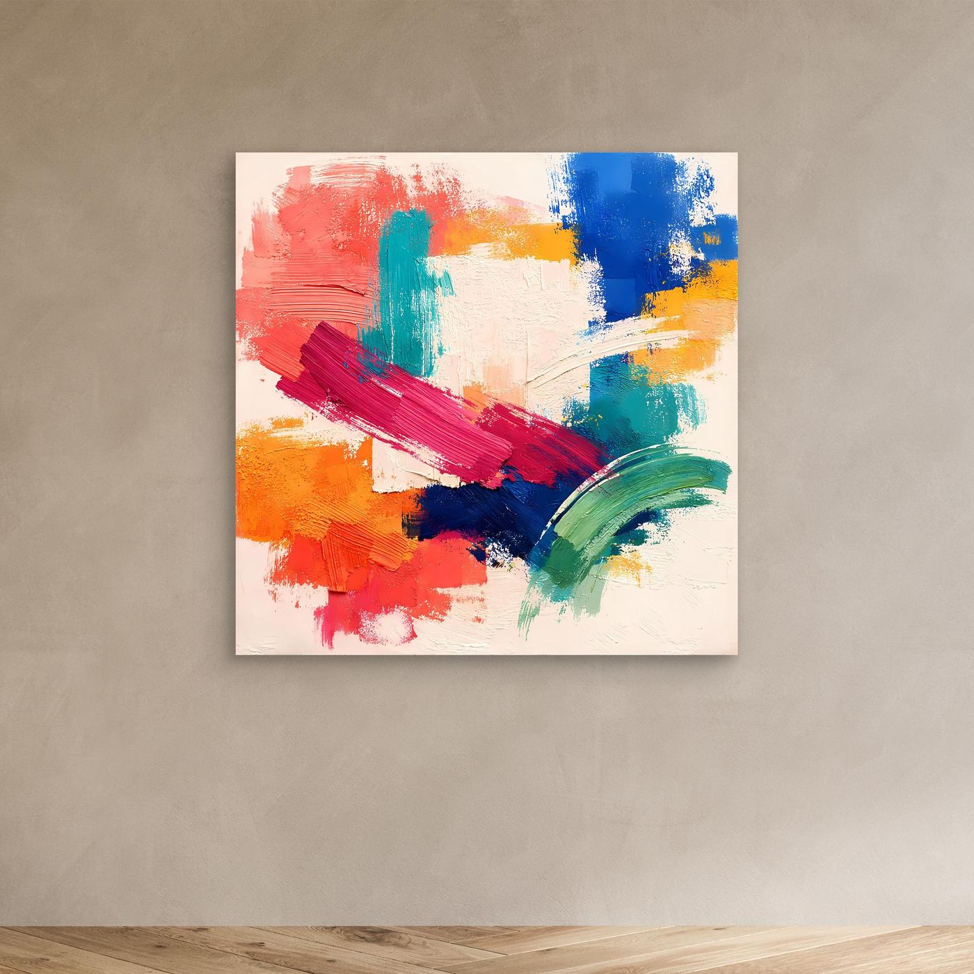Frameless abstract canvas wall art with red, blue, green, yellow paint strokes