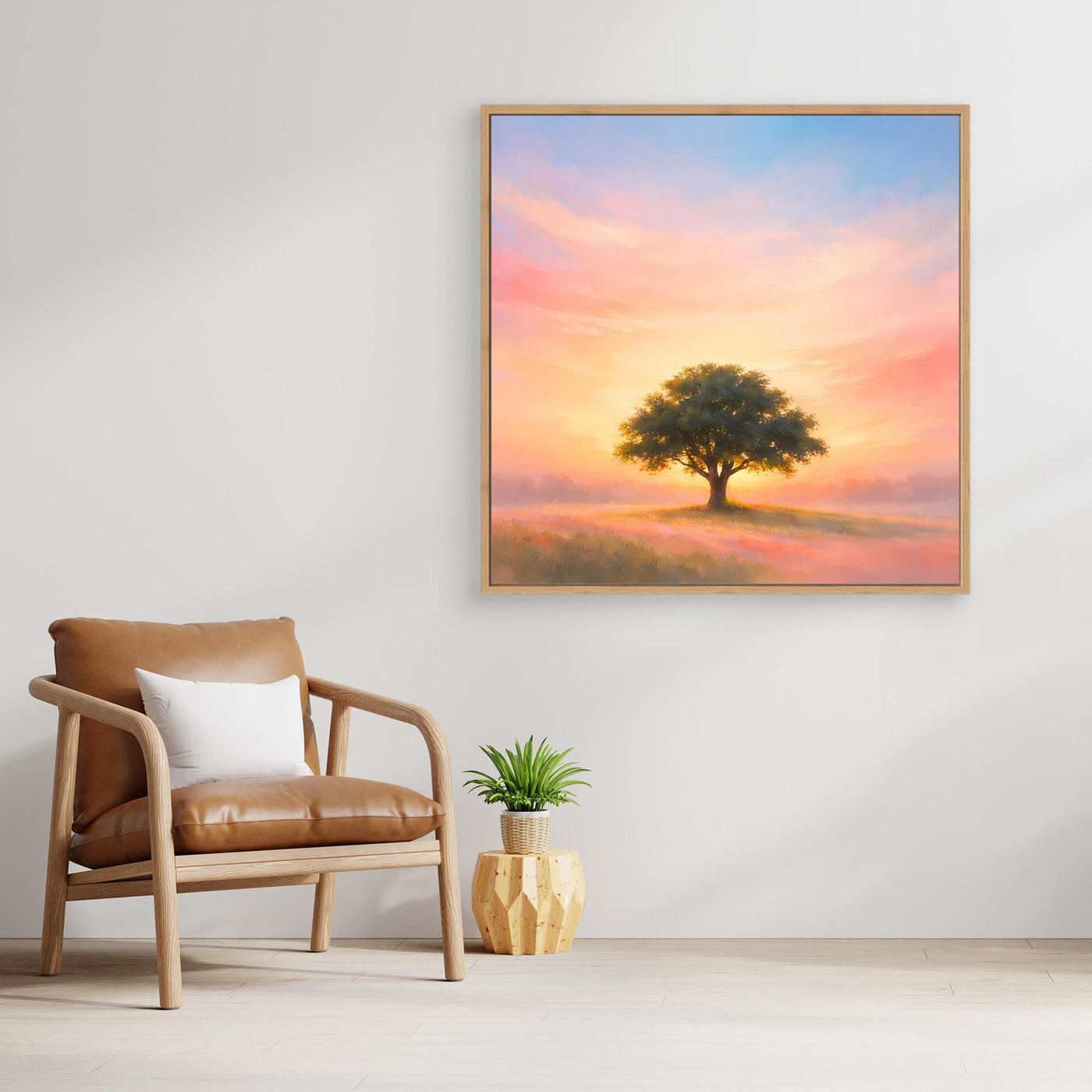 Leinwandbild einsamer Baum im Sonnenaufgang, Pastell, mit Holzrahmen