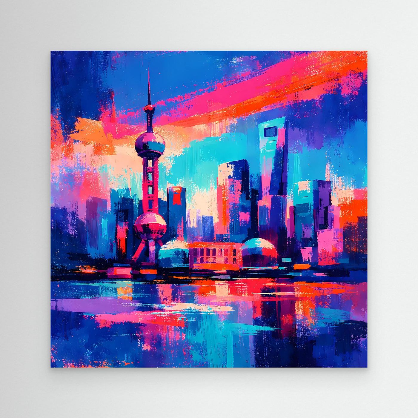 Leinwandbild mit abstrakter Neon-Skyline, pink-blauem Lichthimmel und spiegelndem Wasser