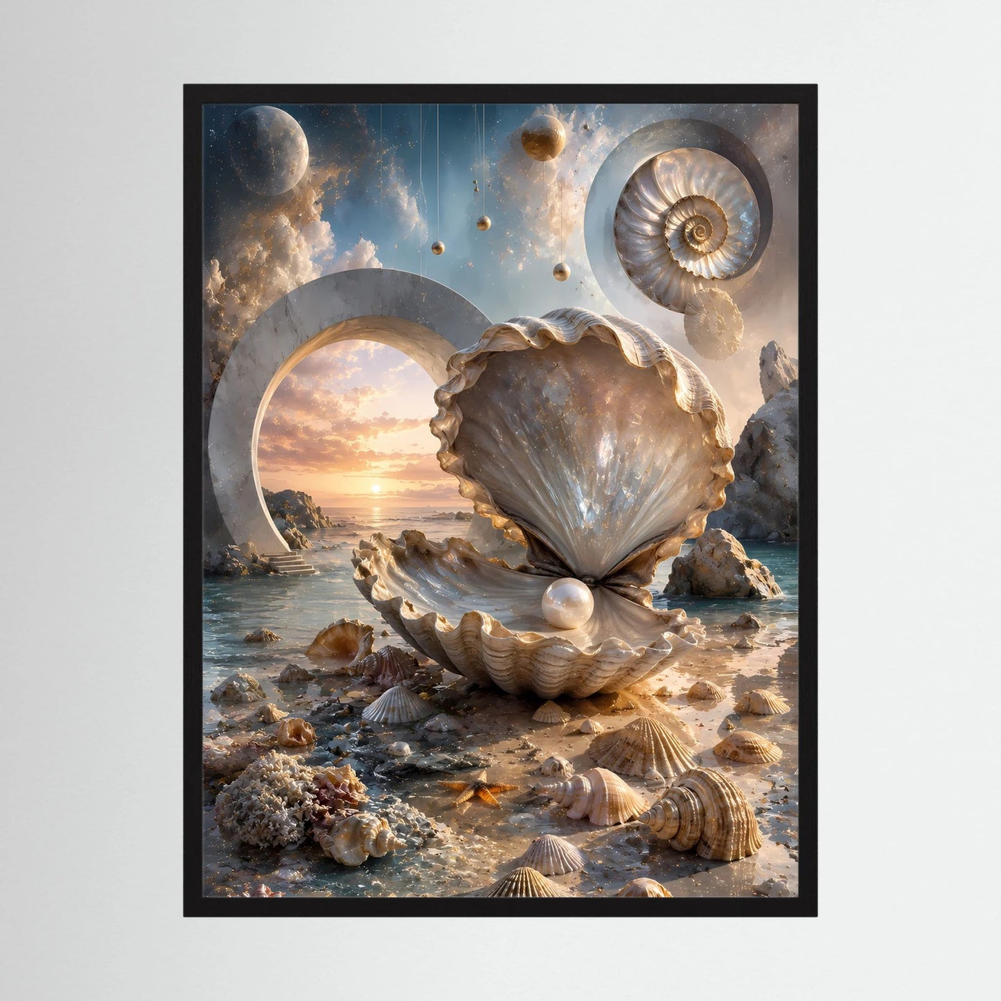 Hochformat-Poster mit Perlmuschel, Perle und Meeresschalen im Creme-Gold, dunkler Rahmen