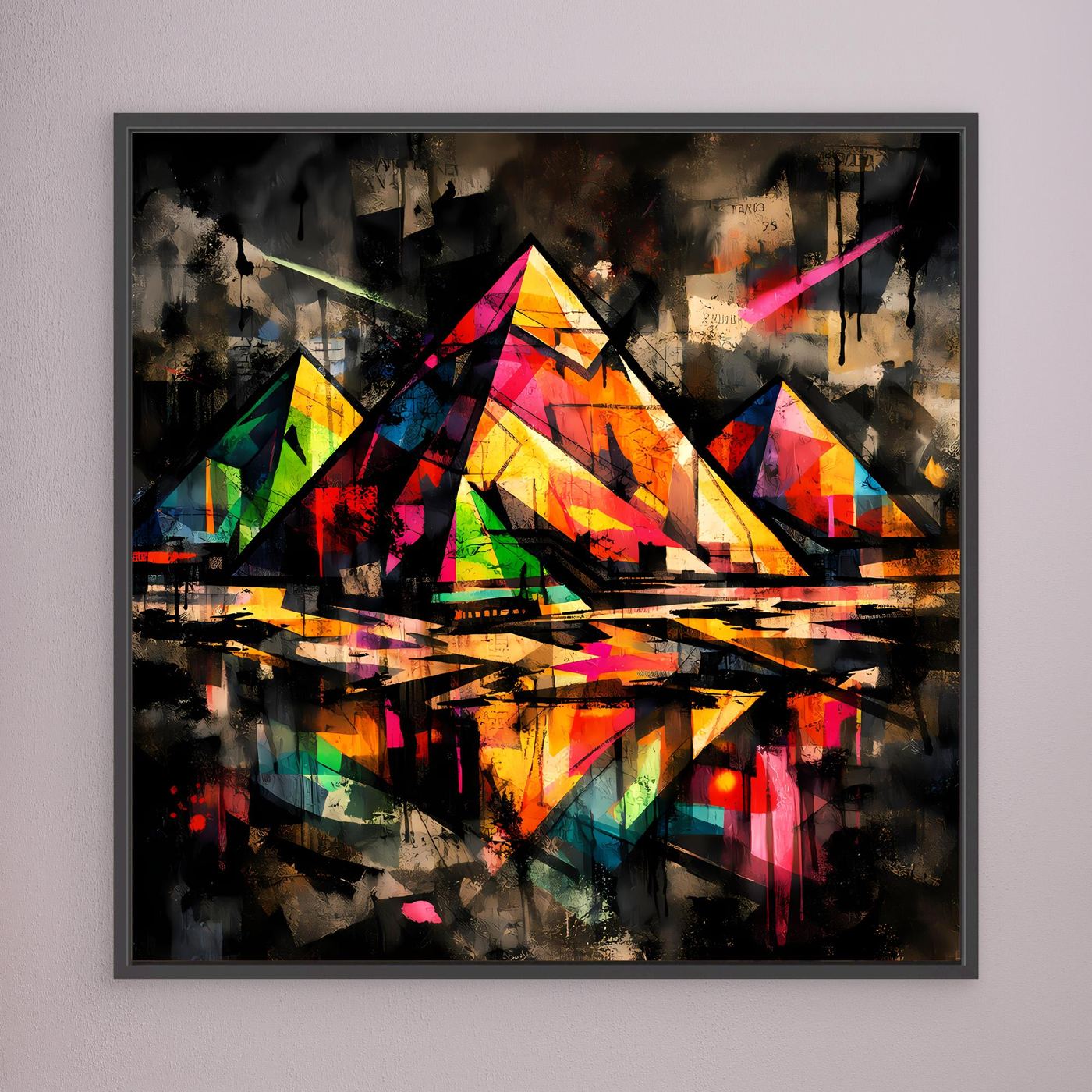 Leinwandbild mit farbigen Graffiti-Pyramiden im Street-Art-Stil, dunkler Rahmen